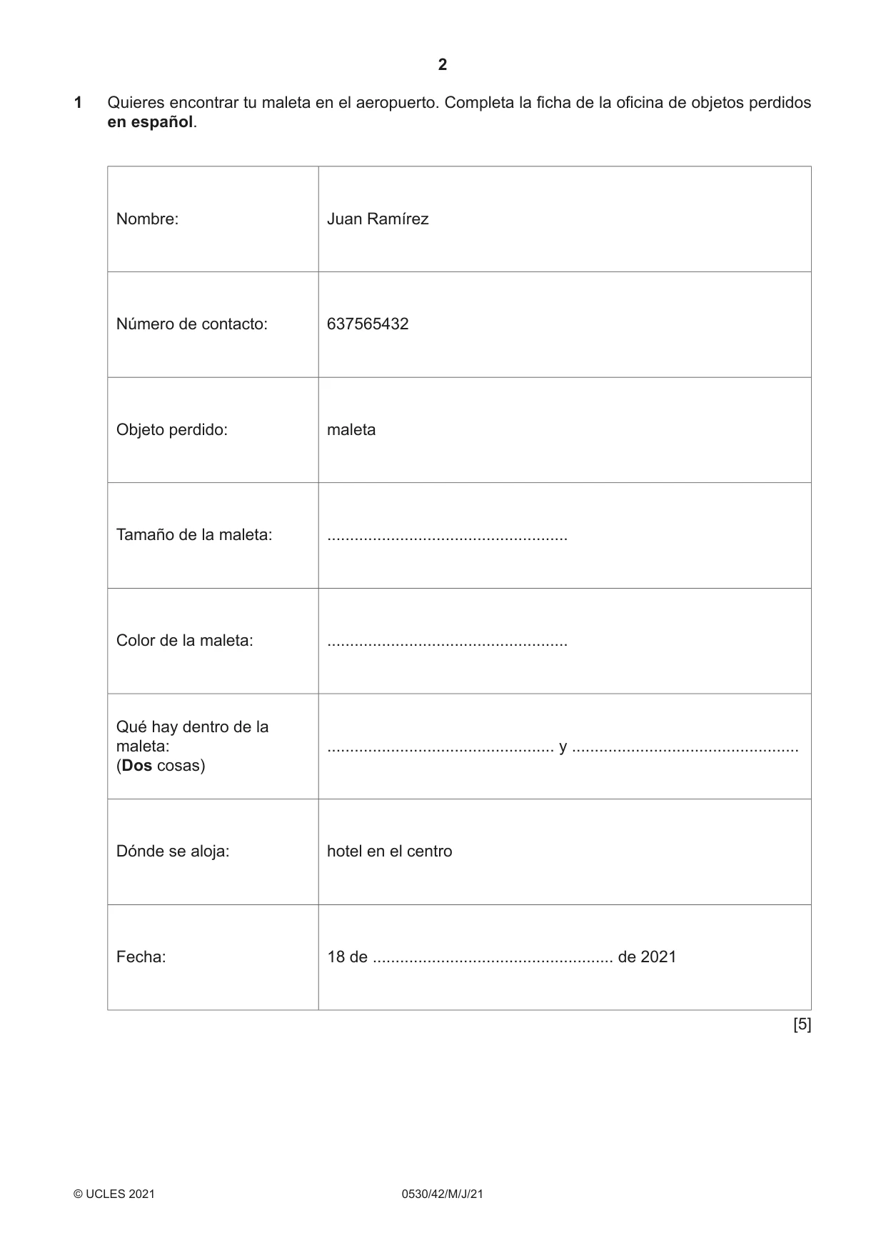 Cambridge IGCSE Spanish - Foreign Language 0530 2021 May/June Paper 4 · Variant 2 question paper, page 2 of 8