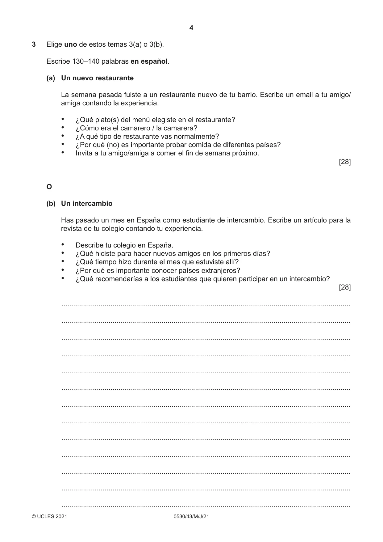 Cambridge IGCSE Spanish - Foreign Language 0530 2021 May/June Paper 4 · Variant 3 question paper, page 4 of 8