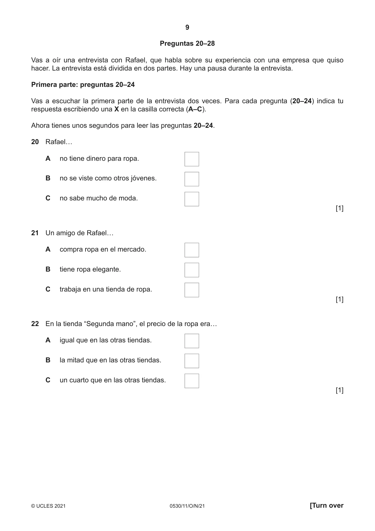Cambridge IGCSE Spanish - Foreign Language 0530 2021 Oct/Nov Paper 1 · Variant 1 question paper, page 9 of 16