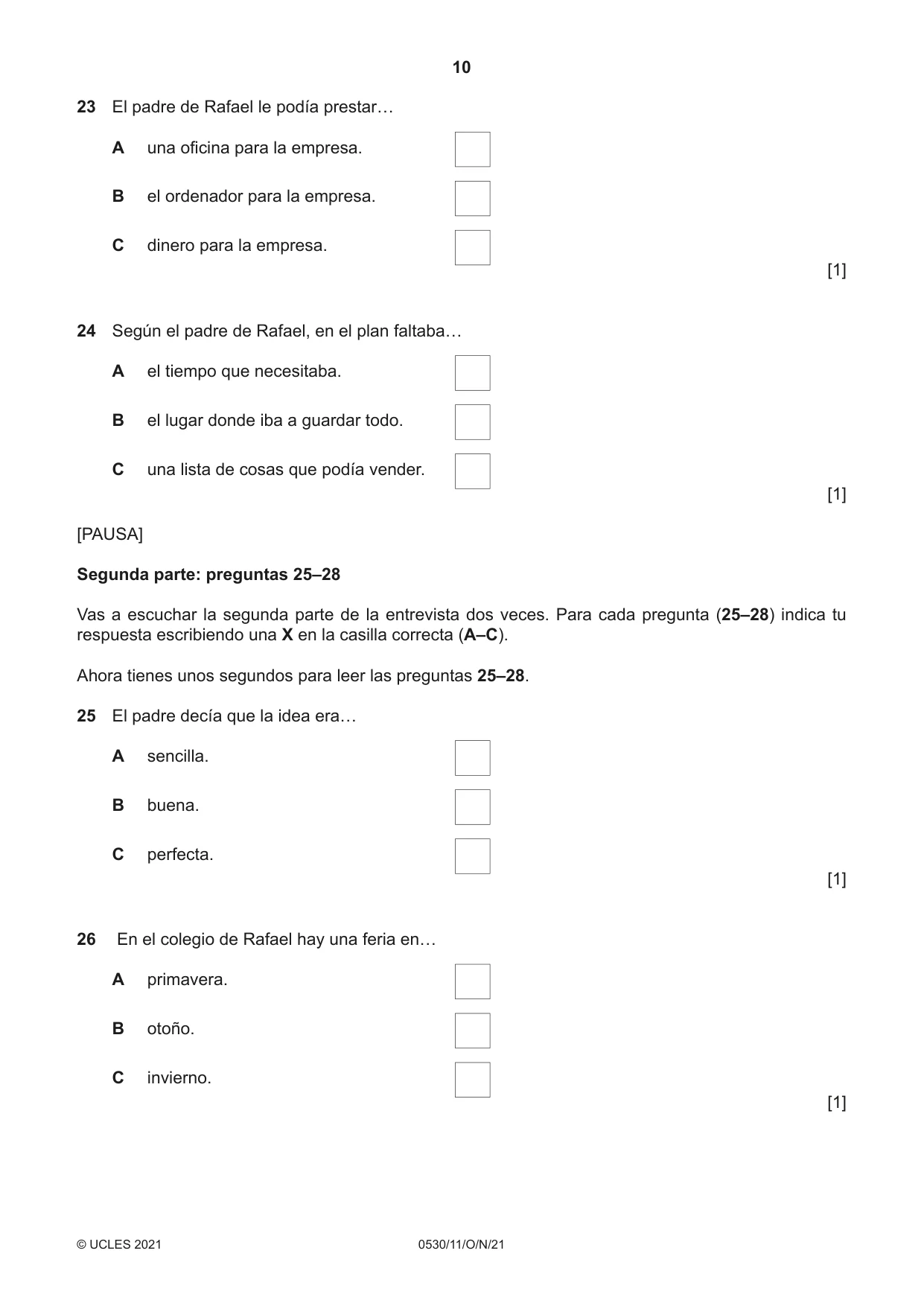 Cambridge IGCSE Spanish - Foreign Language 0530 2021 Oct/Nov Paper 1 · Variant 1 question paper, page 10 of 16