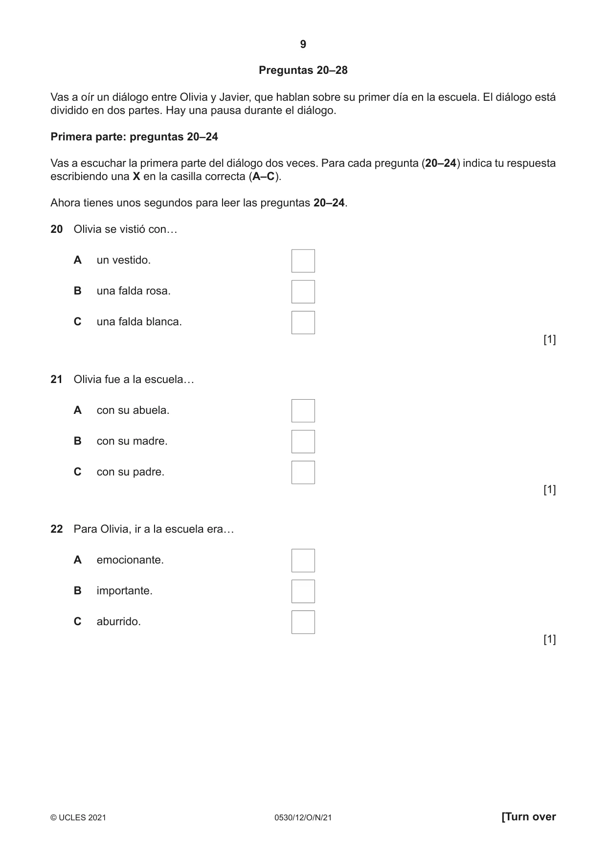 Cambridge IGCSE Spanish - Foreign Language 0530 2021 Oct/Nov Paper 1 · Variant 2 question paper, page 9 of 16
