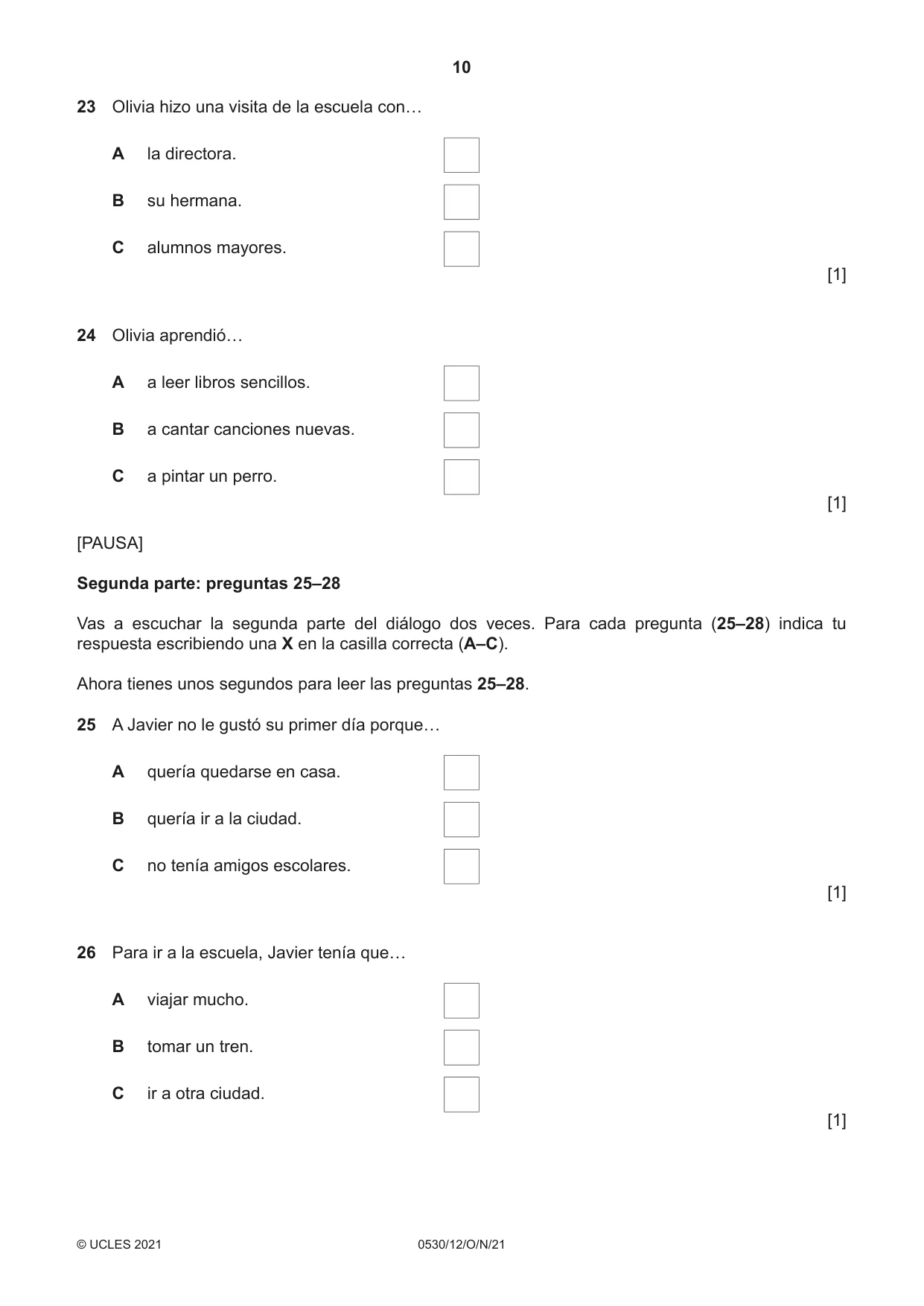 Cambridge IGCSE Spanish - Foreign Language 0530 2021 Oct/Nov Paper 1 · Variant 2 question paper, page 10 of 16