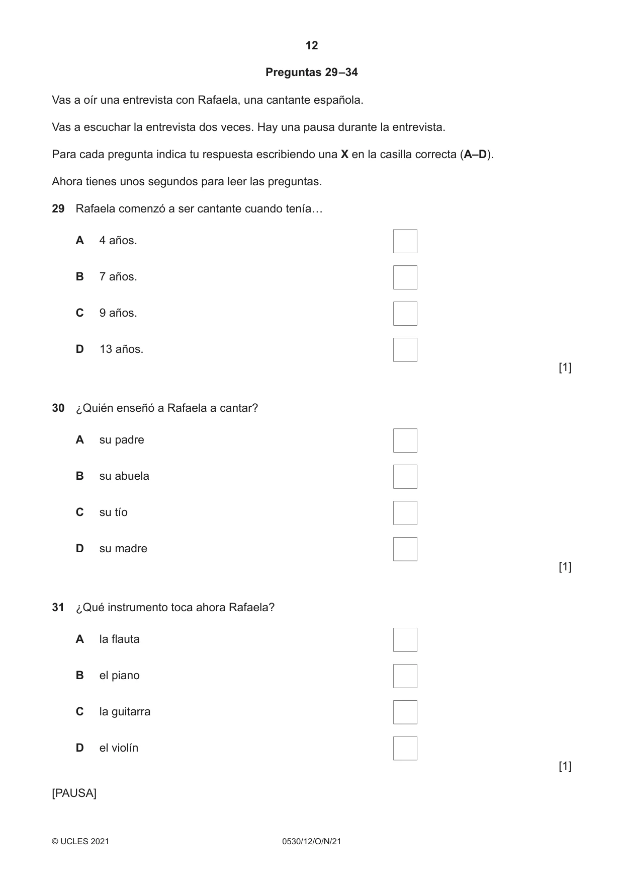 Cambridge IGCSE Spanish - Foreign Language 0530 2021 Oct/Nov Paper 1 · Variant 2 question paper, page 12 of 16