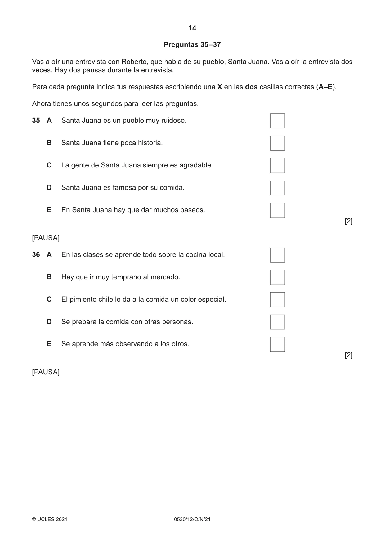 Cambridge IGCSE Spanish - Foreign Language 0530 2021 Oct/Nov Paper 1 · Variant 2 question paper, page 14 of 16