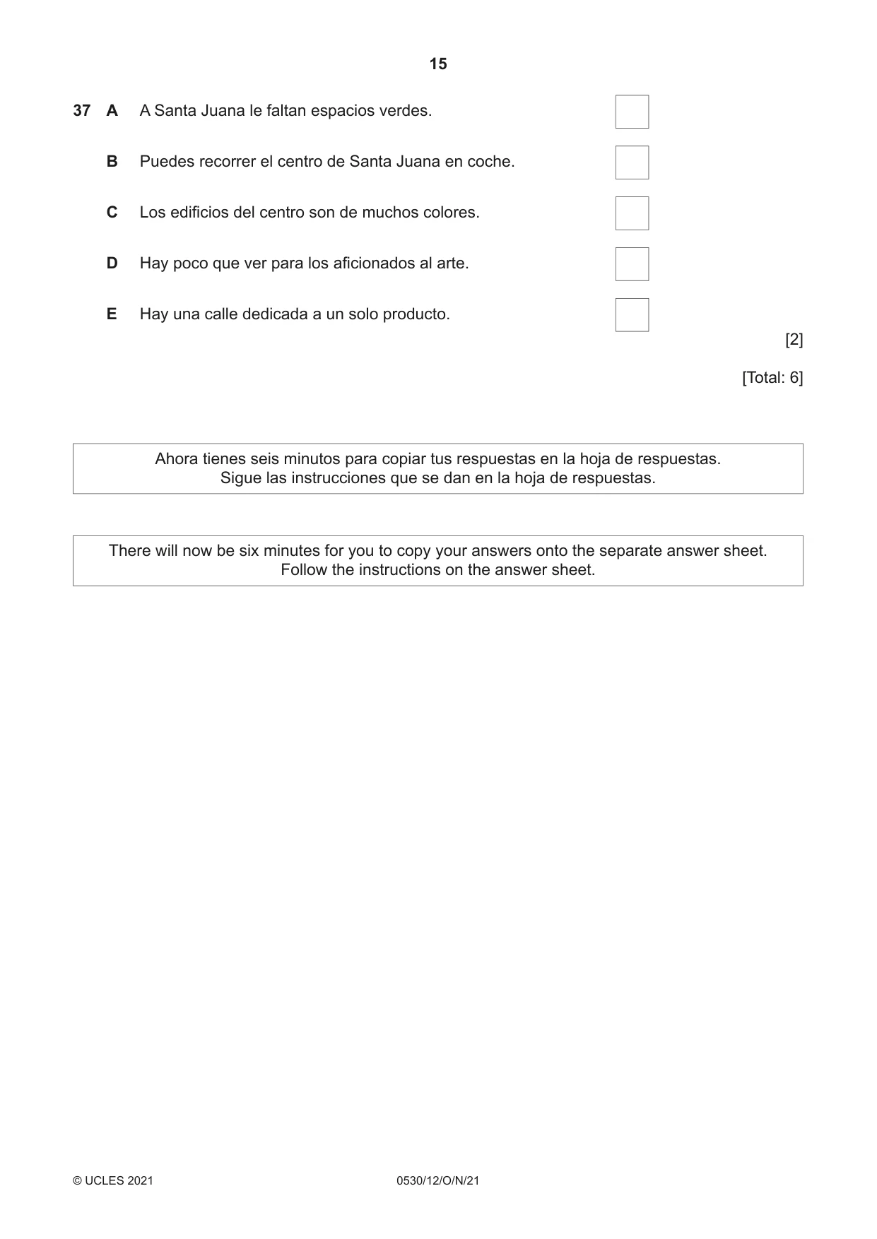 Cambridge IGCSE Spanish - Foreign Language 0530 2021 Oct/Nov Paper 1 · Variant 2 question paper, page 15 of 16