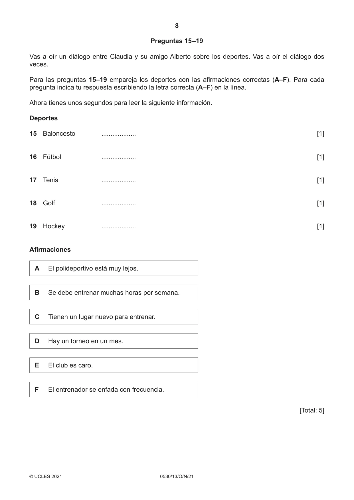 Cambridge IGCSE Spanish - Foreign Language 0530 2021 Oct/Nov Paper 1 · Variant 3 question paper, page 8 of 16