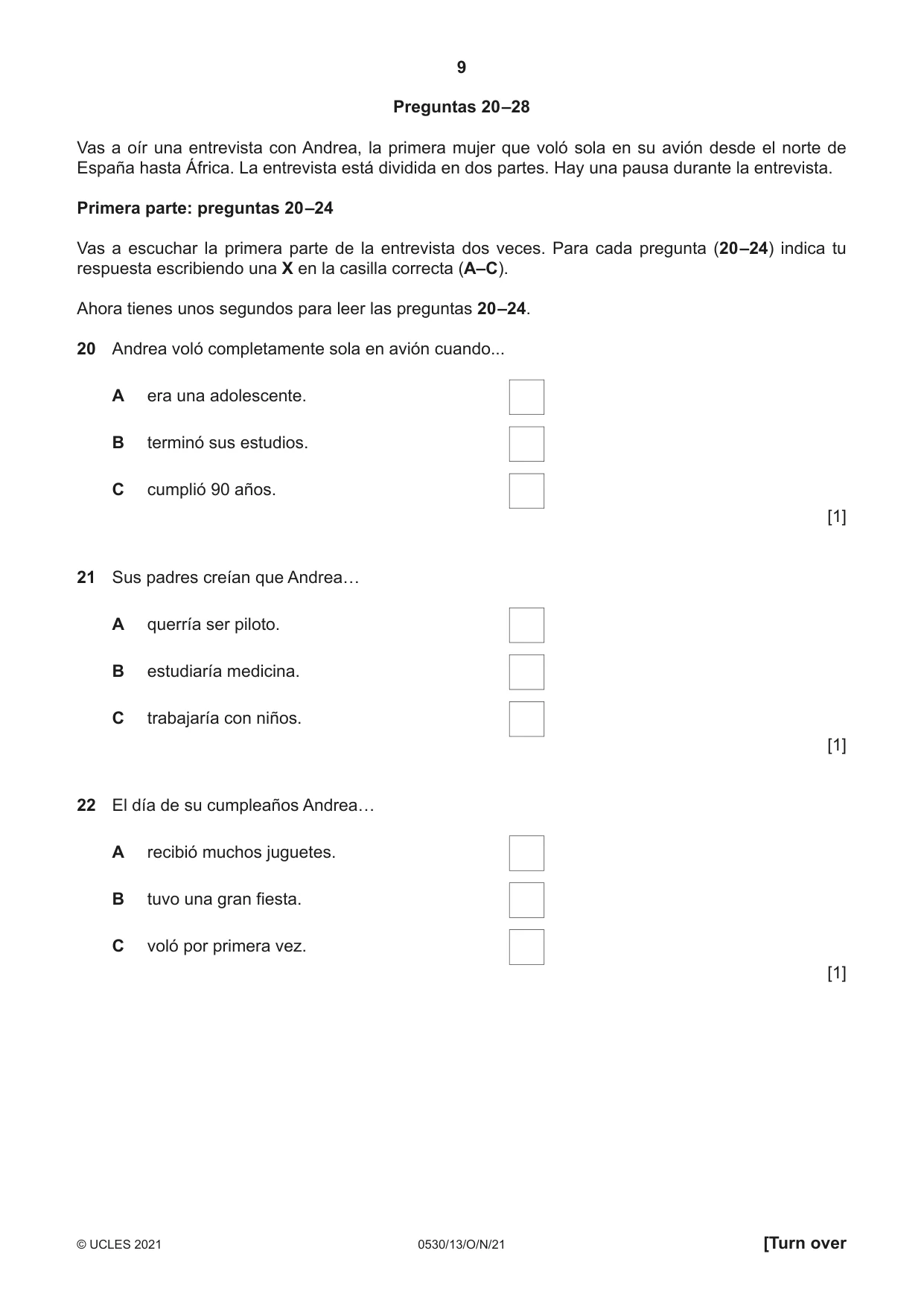 Cambridge IGCSE Spanish - Foreign Language 0530 2021 Oct/Nov Paper 1 · Variant 3 question paper, page 9 of 16