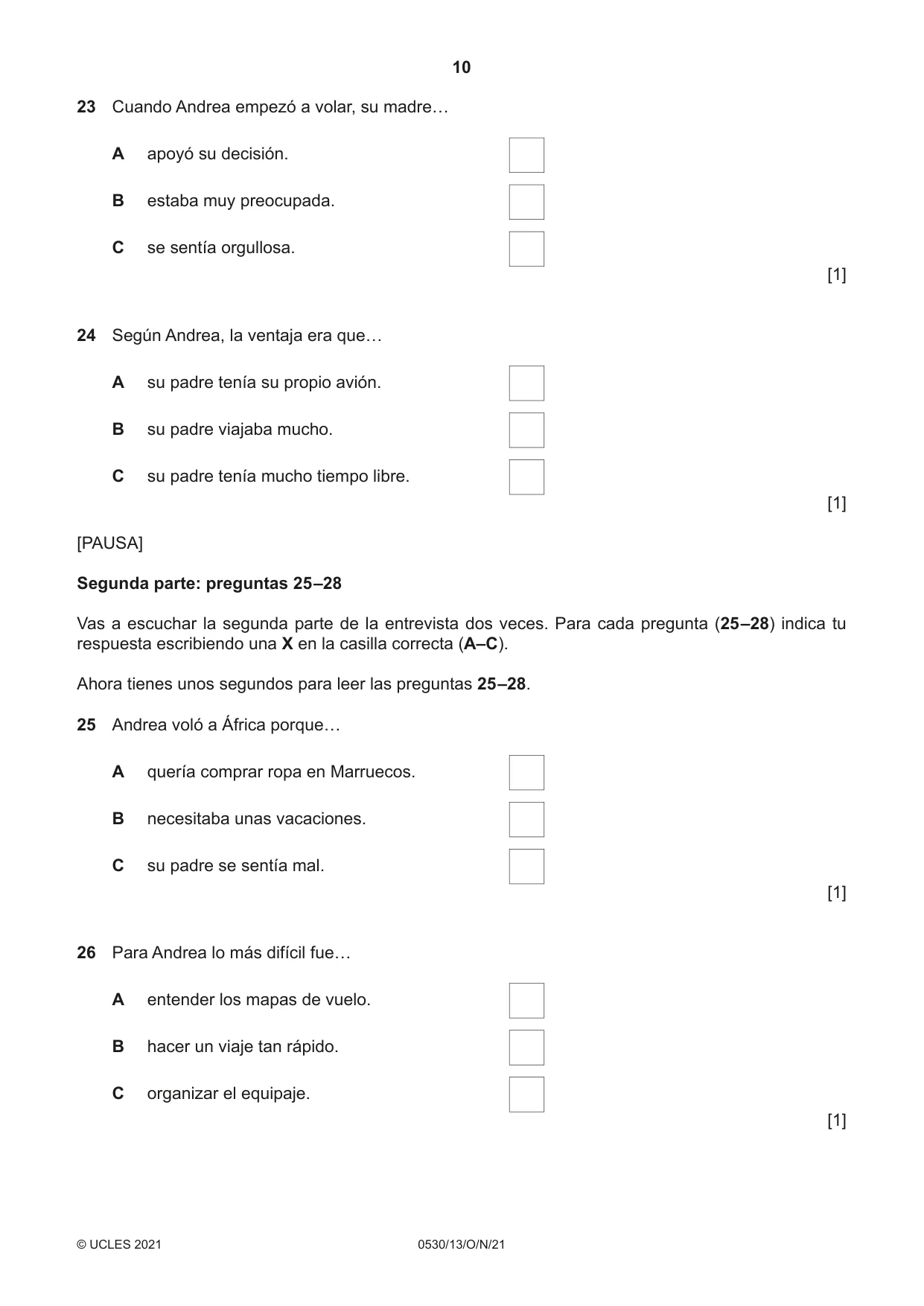 Cambridge IGCSE Spanish - Foreign Language 0530 2021 Oct/Nov Paper 1 · Variant 3 question paper, page 10 of 16