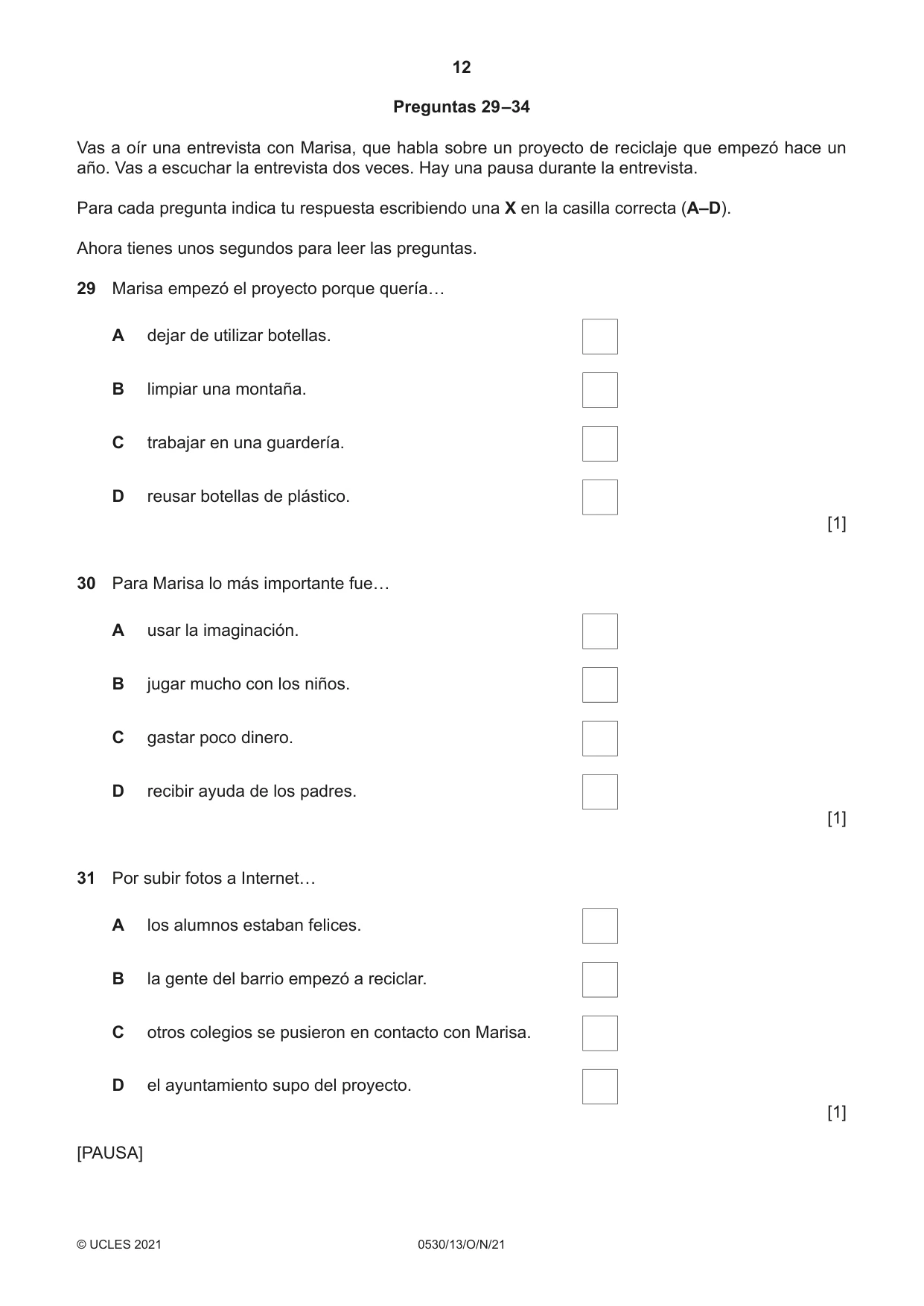 Cambridge IGCSE Spanish - Foreign Language 0530 2021 Oct/Nov Paper 1 · Variant 3 question paper, page 12 of 16