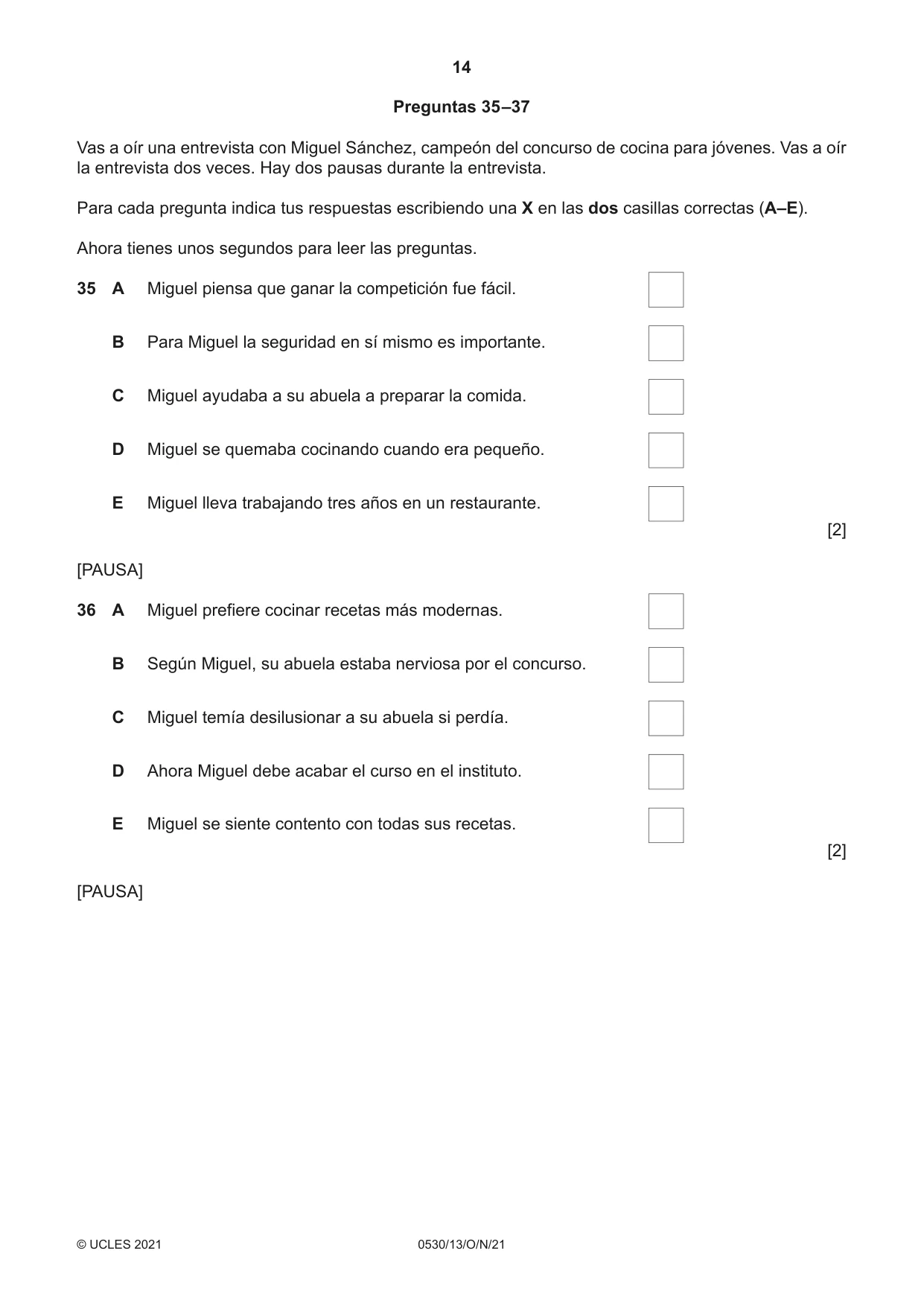 Cambridge IGCSE Spanish - Foreign Language 0530 2021 Oct/Nov Paper 1 · Variant 3 question paper, page 14 of 16