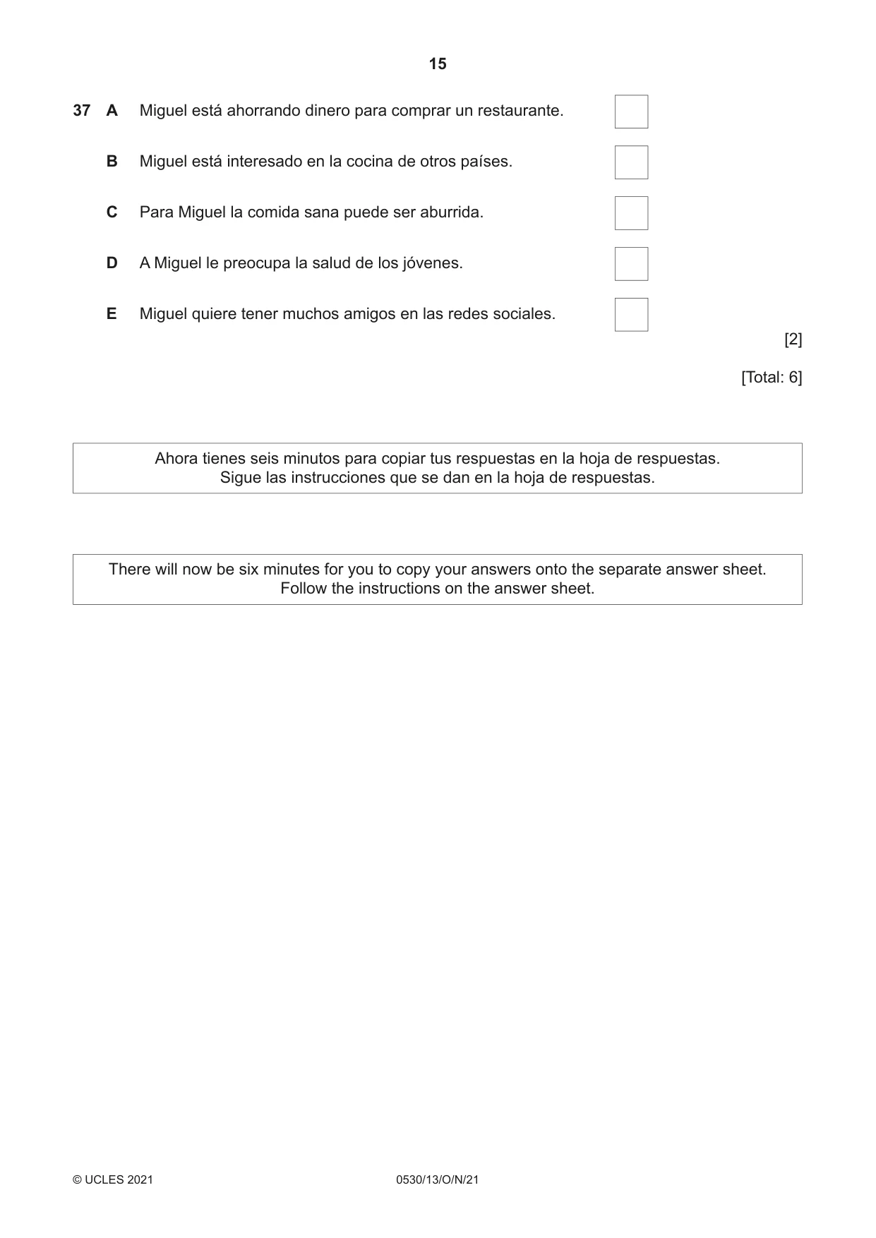 Cambridge IGCSE Spanish - Foreign Language 0530 2021 Oct/Nov Paper 1 · Variant 3 question paper, page 15 of 16