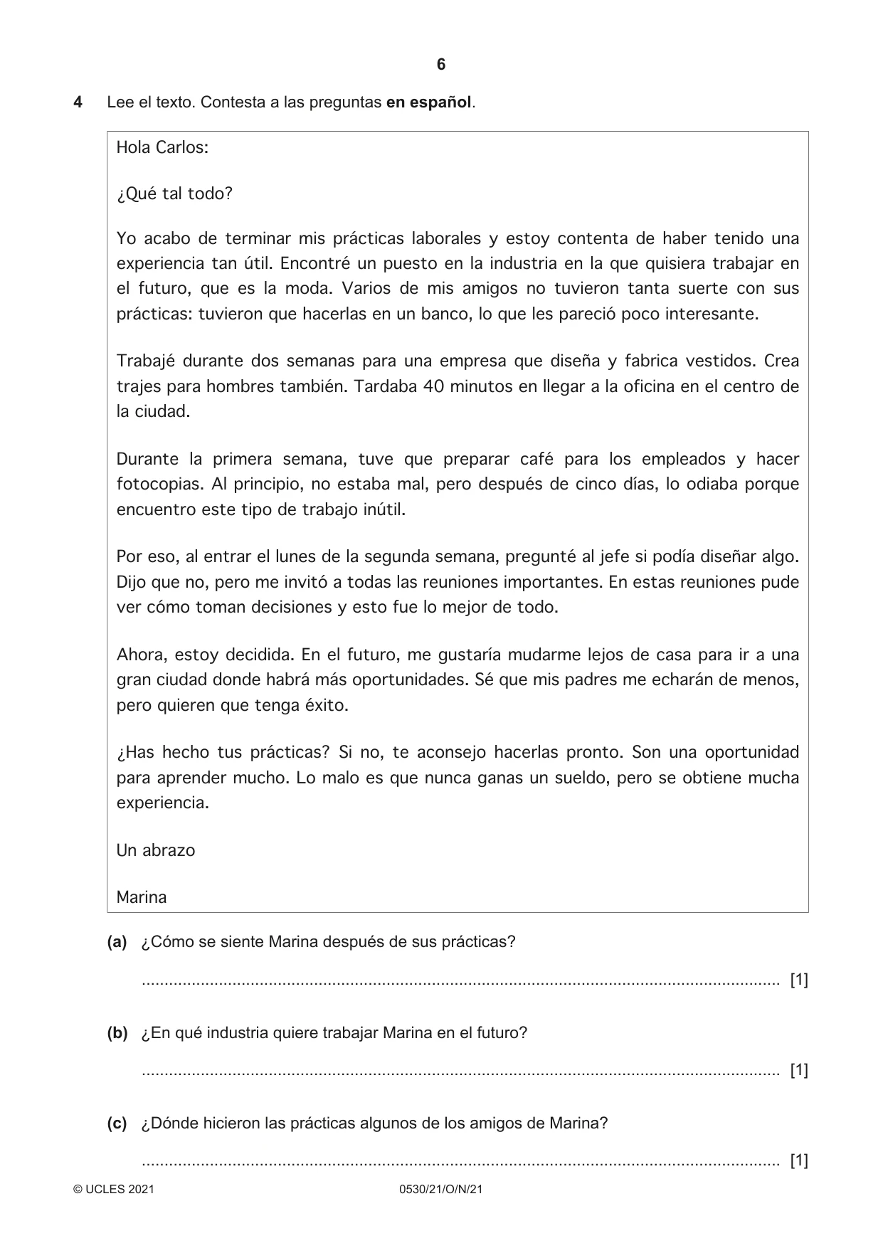 Cambridge IGCSE Spanish - Foreign Language 0530 2021 Oct/Nov Paper 2 · Variant 1 question paper, page 6 of 12