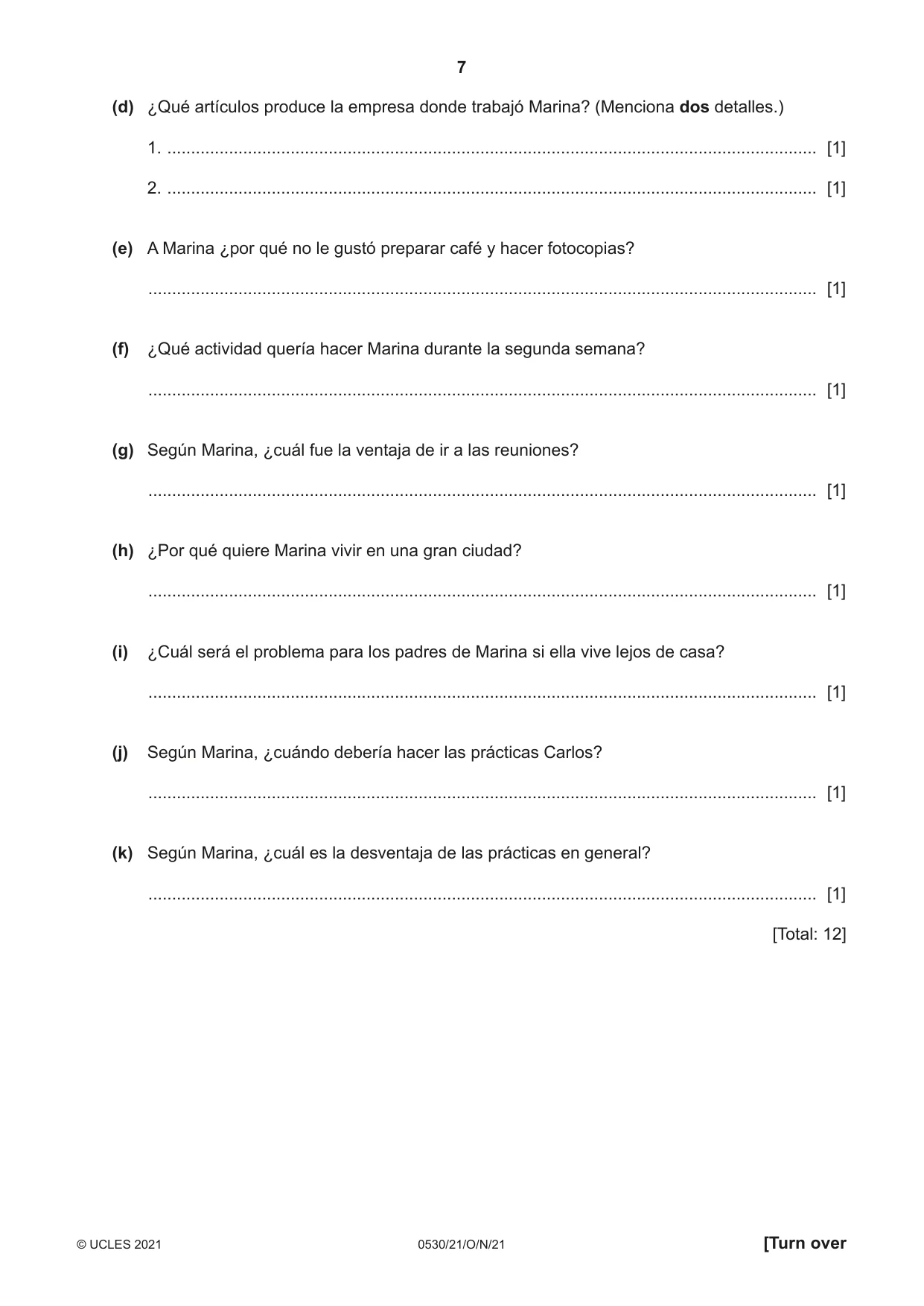 Cambridge IGCSE Spanish - Foreign Language 0530 2021 Oct/Nov Paper 2 · Variant 1 question paper, page 7 of 12