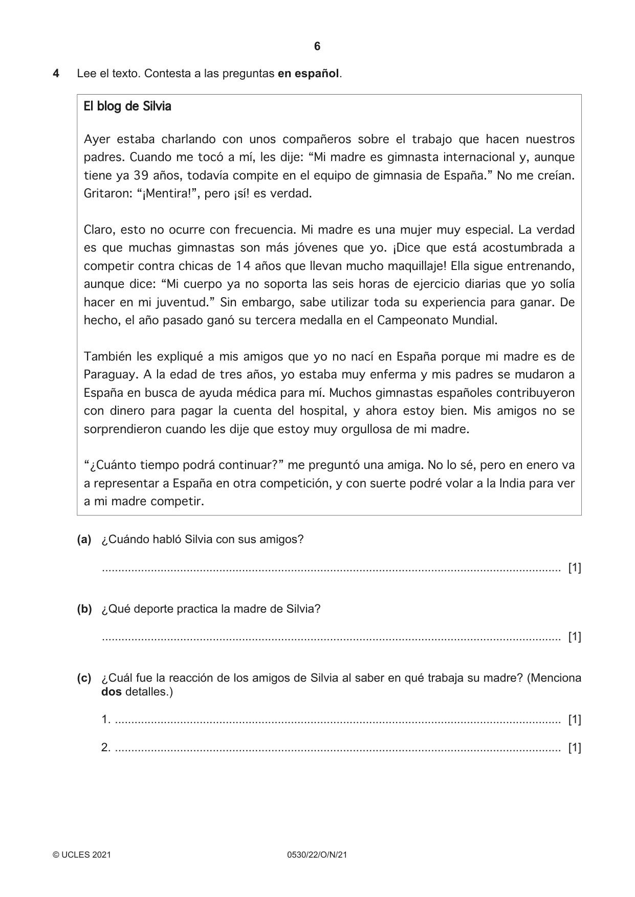 Cambridge IGCSE Spanish - Foreign Language 0530 2021 Oct/Nov Paper 2 · Variant 2 question paper, page 6 of 12