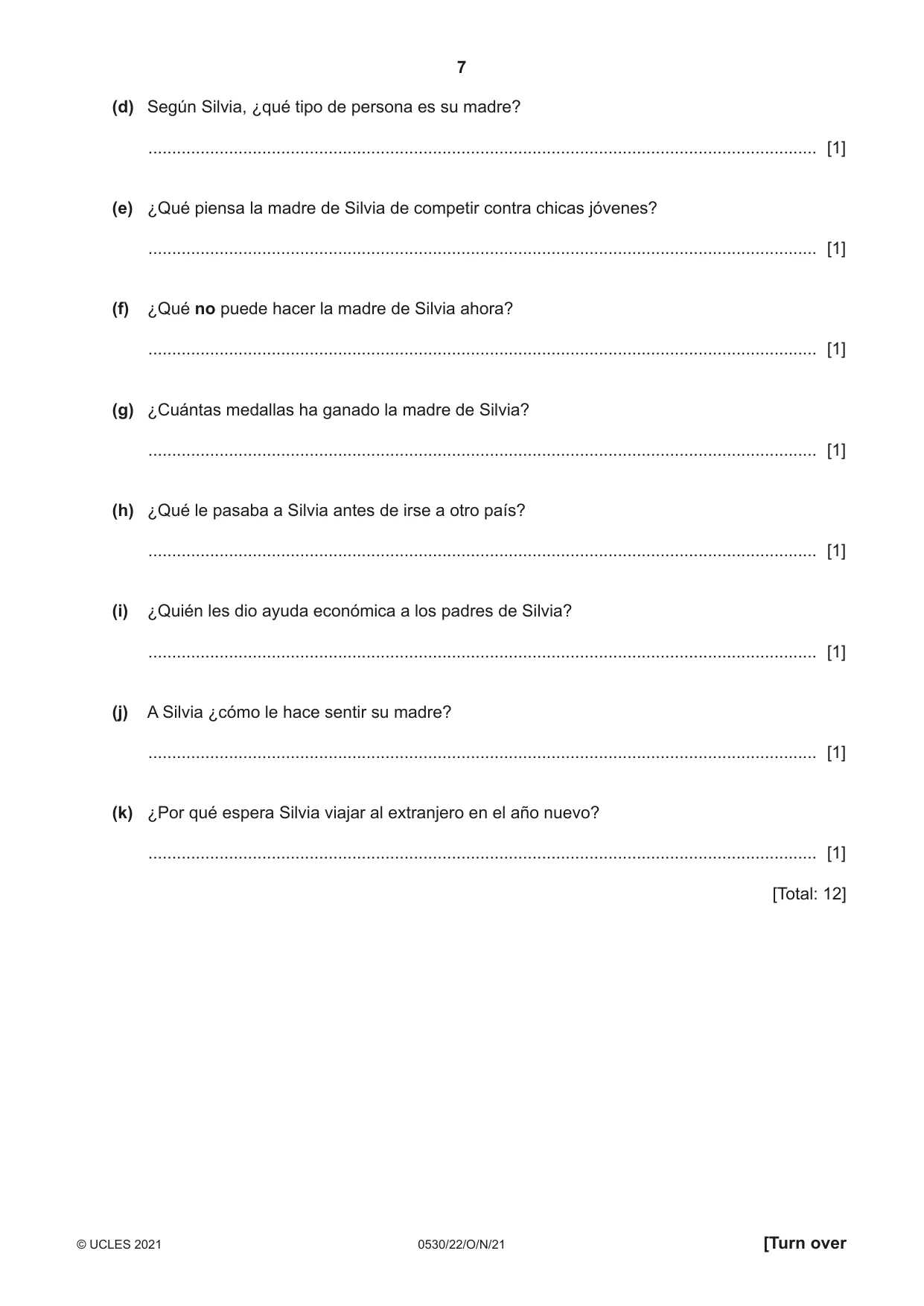 Cambridge IGCSE Spanish - Foreign Language 0530 2021 Oct/Nov Paper 2 · Variant 2 question paper, page 7 of 12