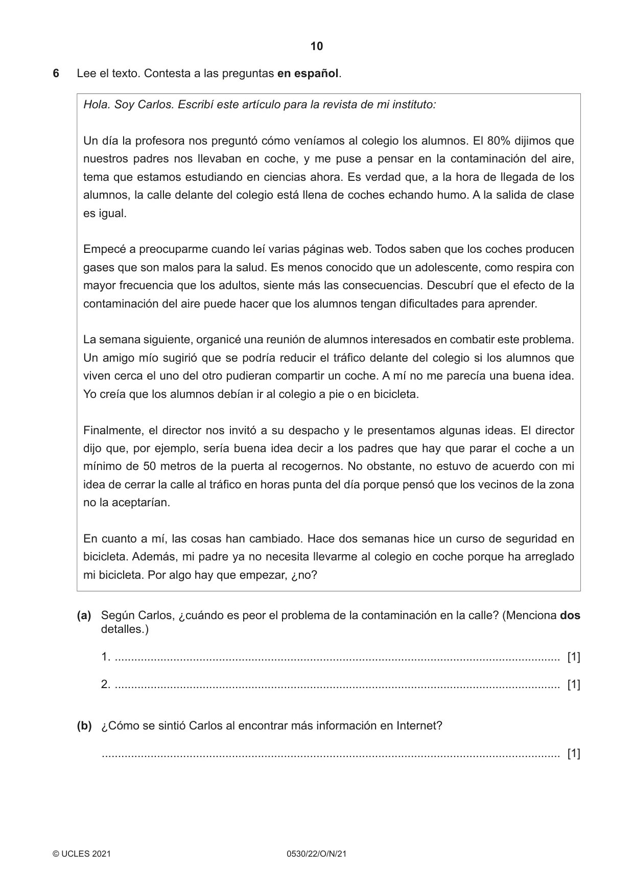 Cambridge IGCSE Spanish - Foreign Language 0530 2021 Oct/Nov Paper 2 · Variant 2 question paper, page 10 of 12
