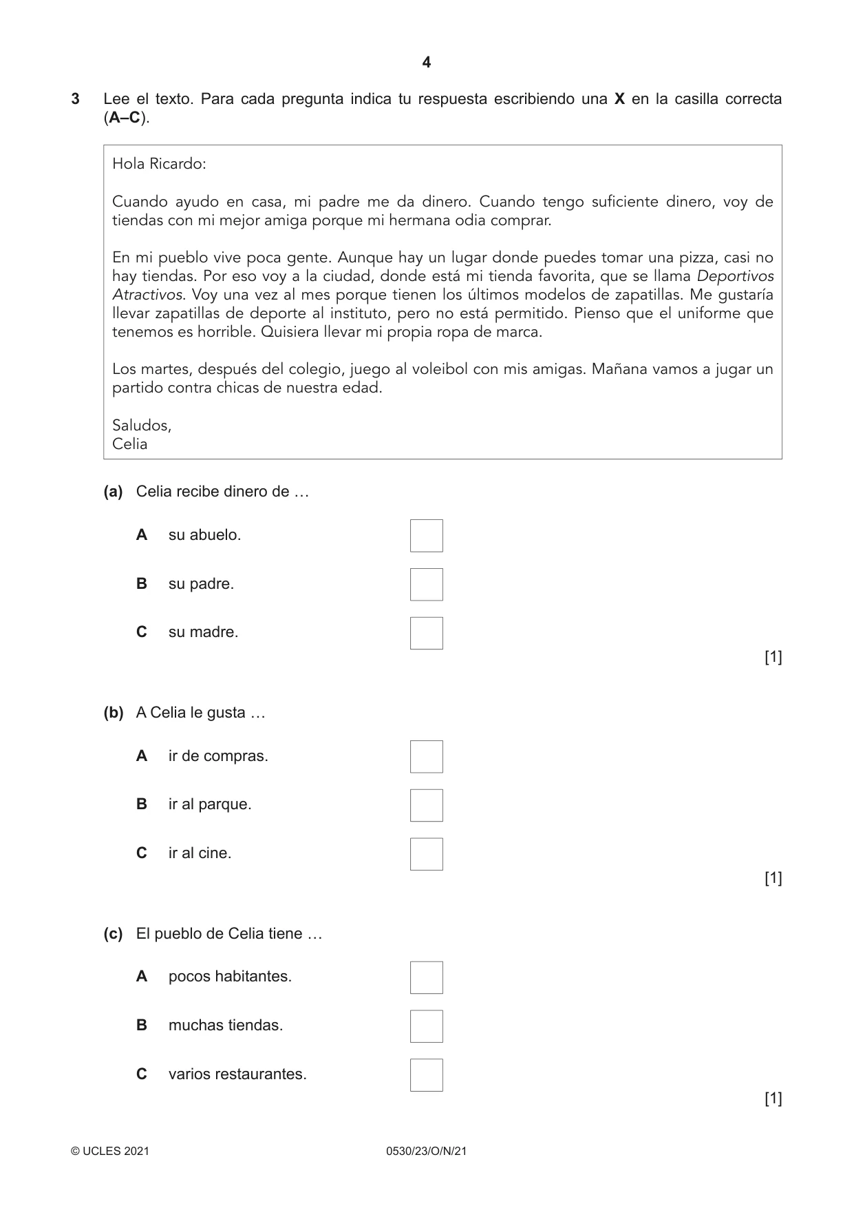 Cambridge IGCSE Spanish - Foreign Language 0530 2021 Oct/Nov Paper 2 · Variant 3 question paper, page 4 of 12