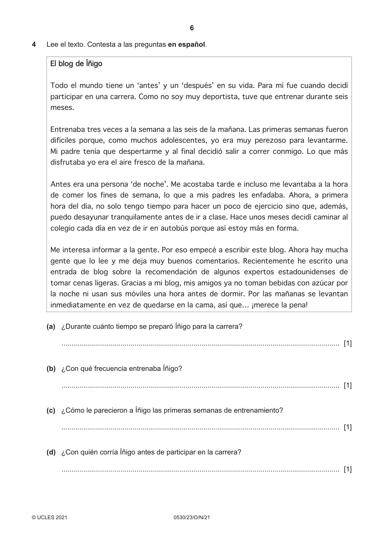 Cambridge IGCSE Spanish - Foreign Language 0530 2021 Oct/Nov Paper 2 · Variant 3 question paper, page 6 of 12