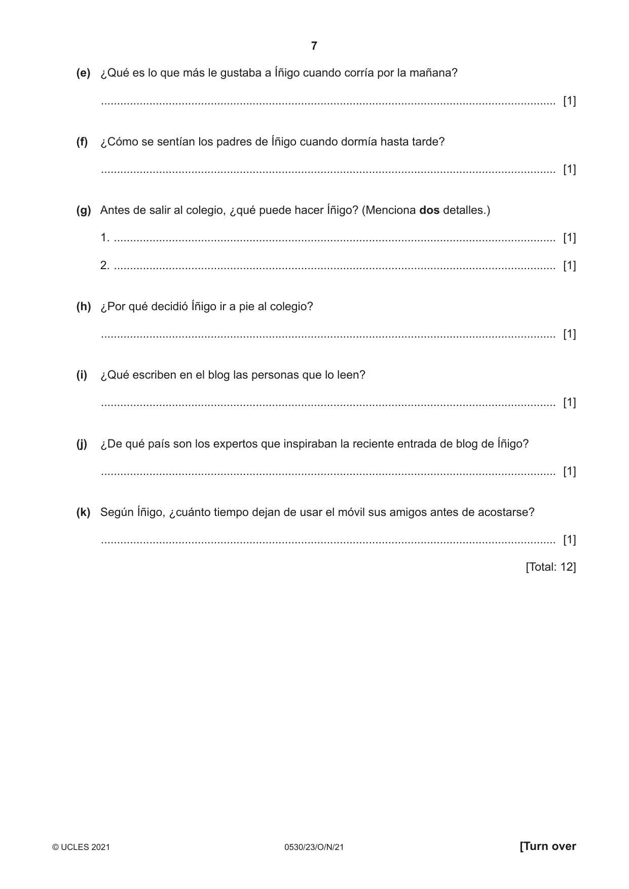 Cambridge IGCSE Spanish - Foreign Language 0530 2021 Oct/Nov Paper 2 · Variant 3 question paper, page 7 of 12