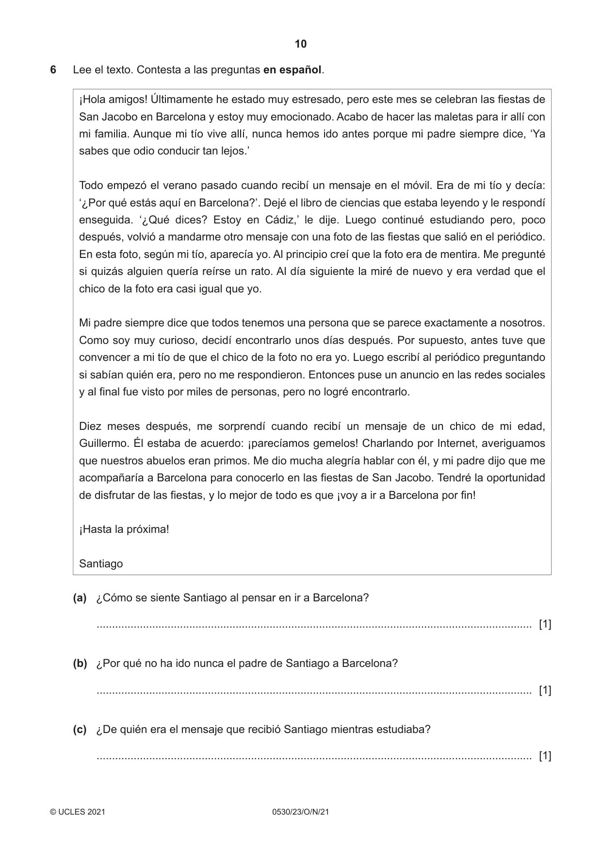 Cambridge IGCSE Spanish - Foreign Language 0530 2021 Oct/Nov Paper 2 · Variant 3 question paper, page 10 of 12