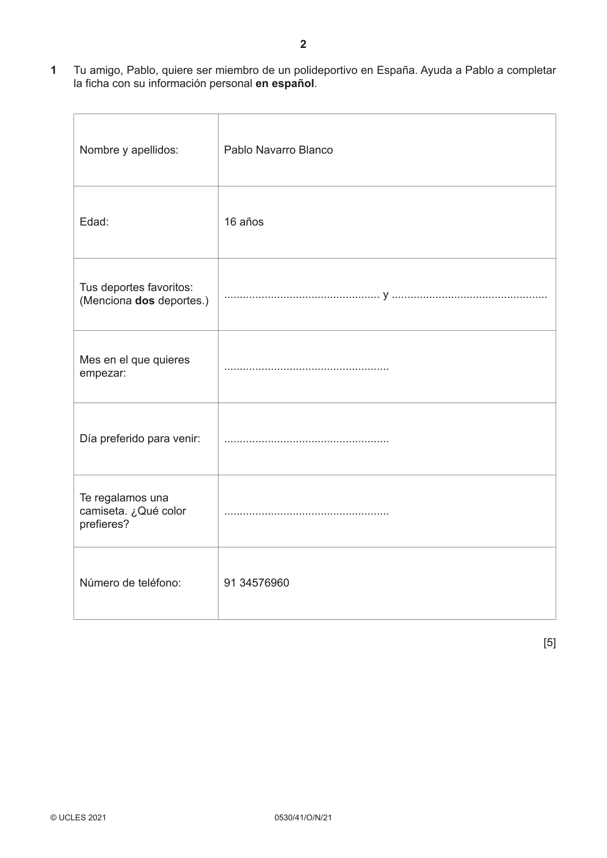 Cambridge IGCSE Spanish - Foreign Language 0530 2021 Oct/Nov Paper 4 · Variant 1 question paper, page 2 of 8