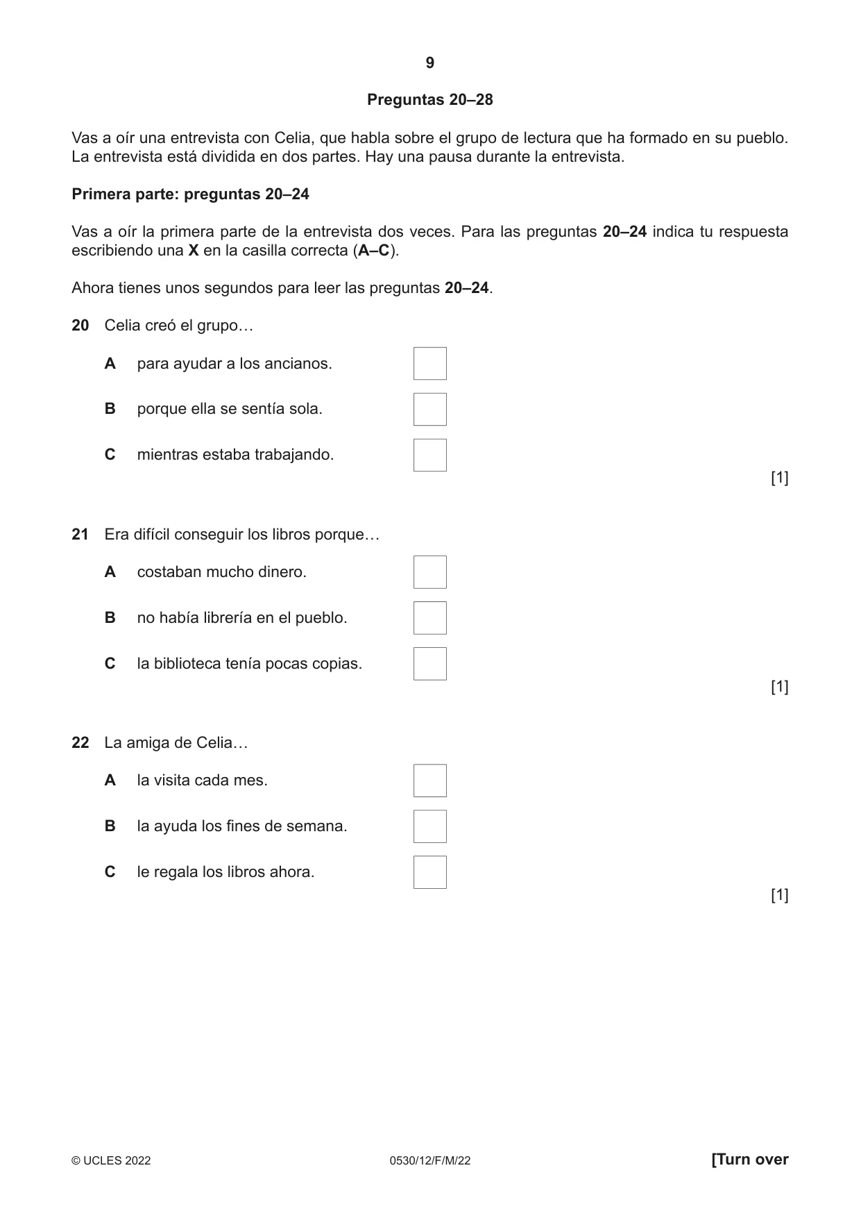 Cambridge IGCSE Spanish - Foreign Language 0530 2022 Feb/March Paper 1 · Variant 2 question paper, page 9 of 16