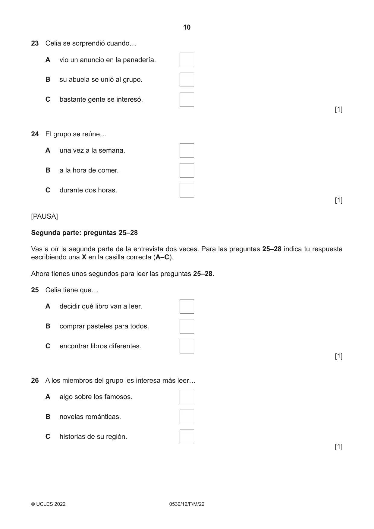 Cambridge IGCSE Spanish - Foreign Language 0530 2022 Feb/March Paper 1 · Variant 2 question paper, page 10 of 16