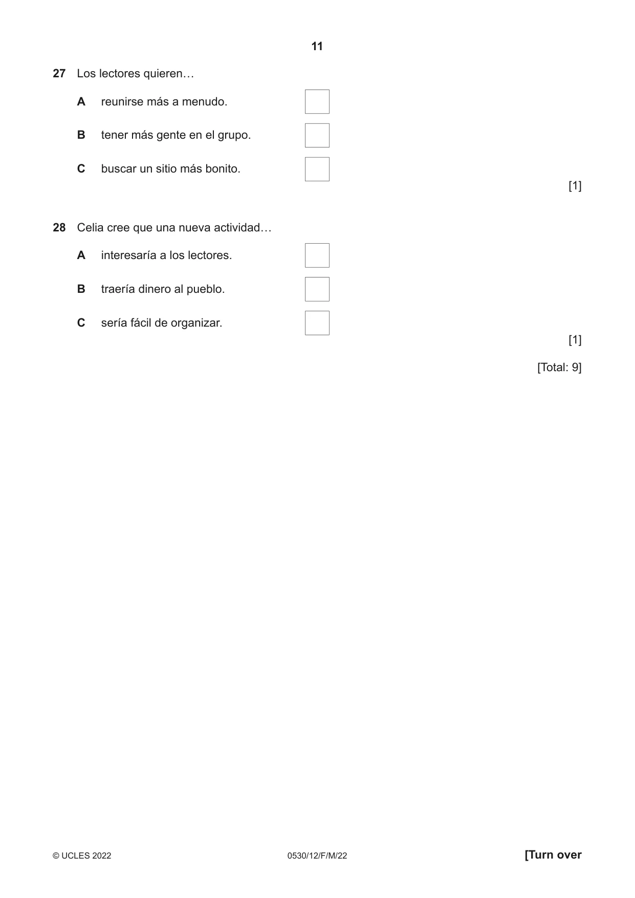 Cambridge IGCSE Spanish - Foreign Language 0530 2022 Feb/March Paper 1 · Variant 2 question paper, page 11 of 16