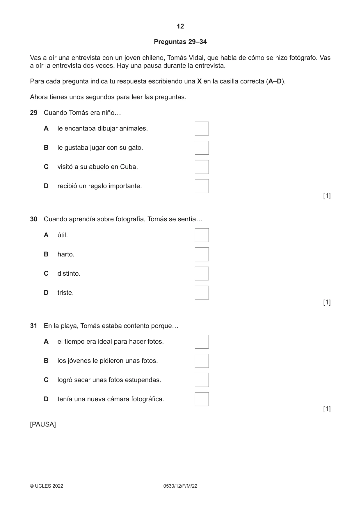 Cambridge IGCSE Spanish - Foreign Language 0530 2022 Feb/March Paper 1 · Variant 2 question paper, page 12 of 16