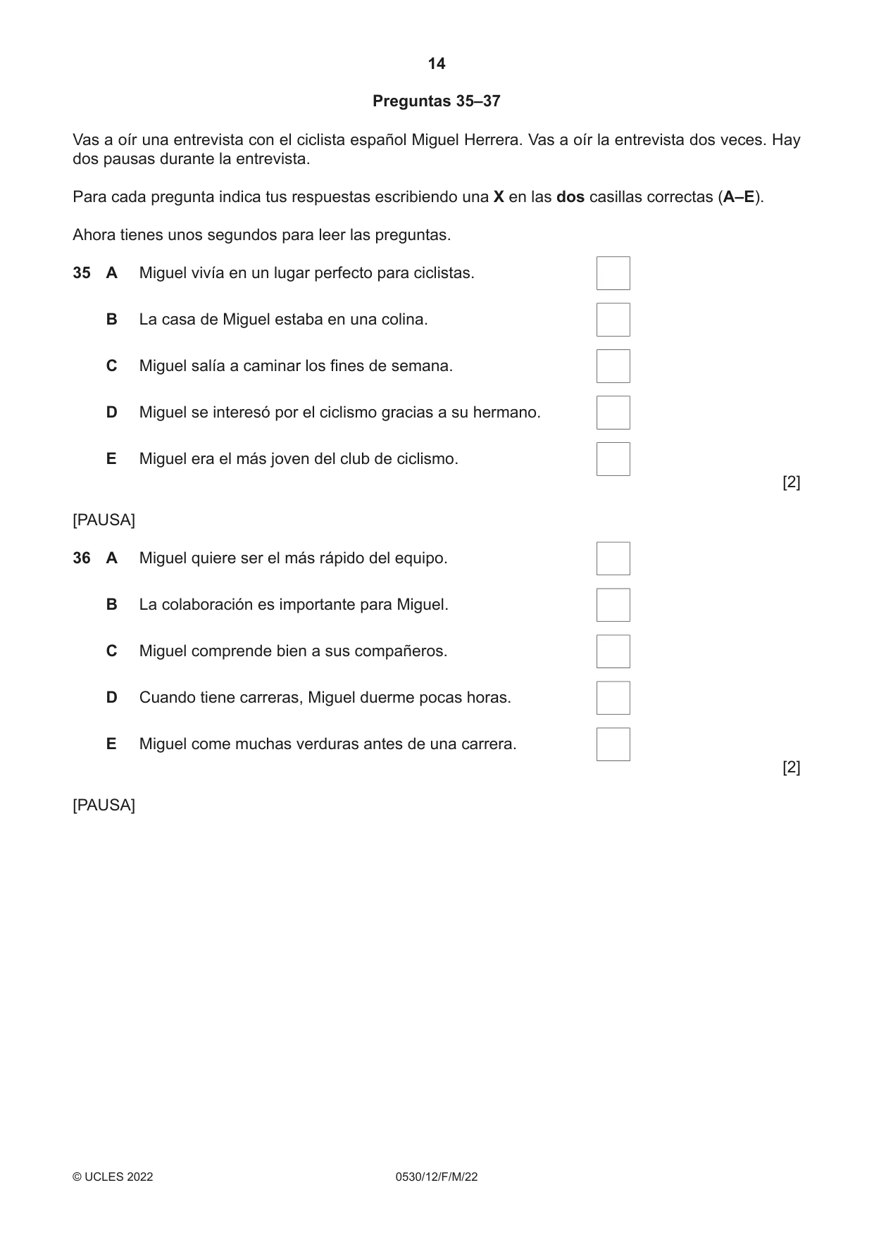 Cambridge IGCSE Spanish - Foreign Language 0530 2022 Feb/March Paper 1 · Variant 2 question paper, page 14 of 16