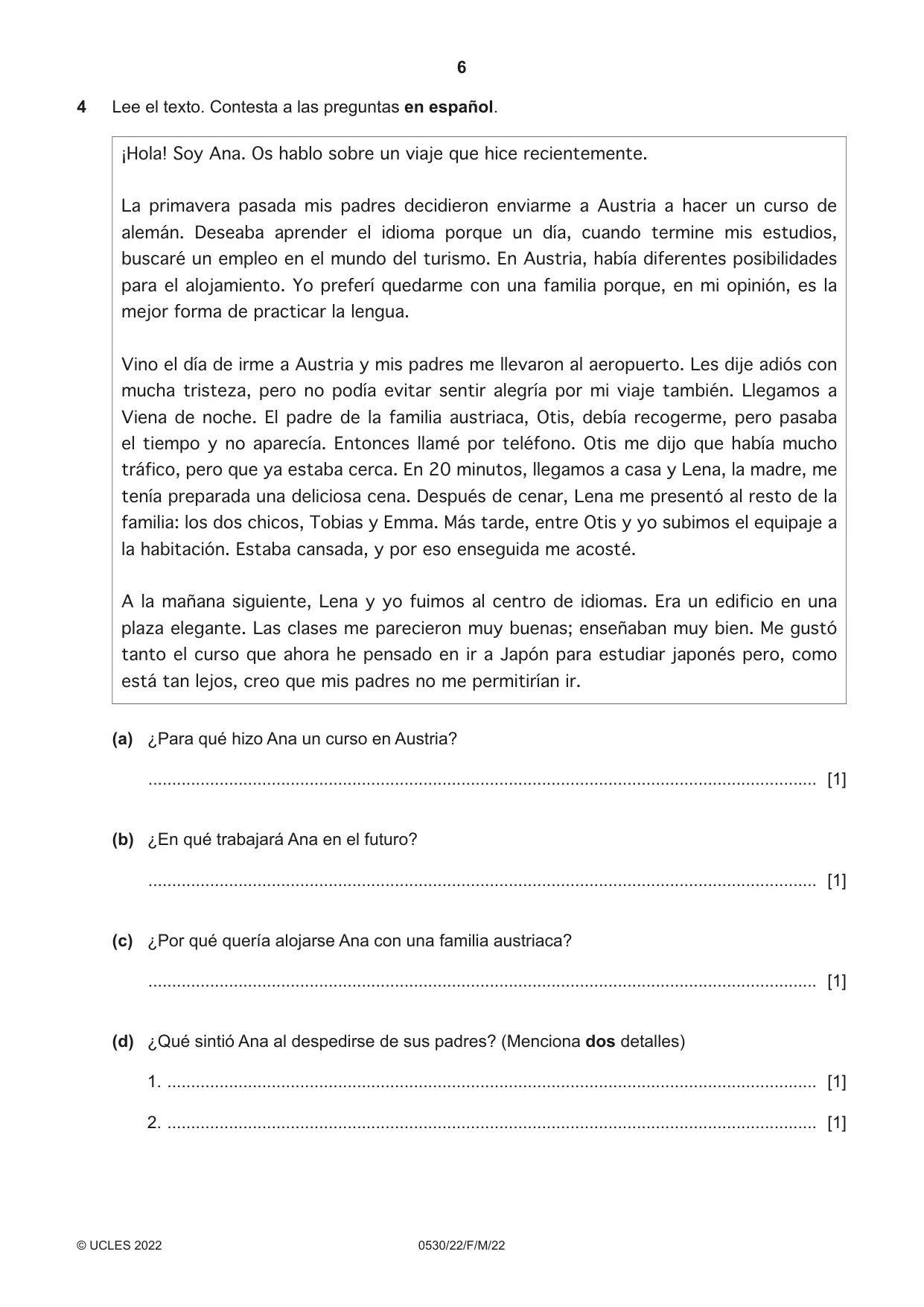 Cambridge IGCSE Spanish - Foreign Language 0530 2022 Feb/March Paper 2 · Variant 2 question paper, page 6 of 12