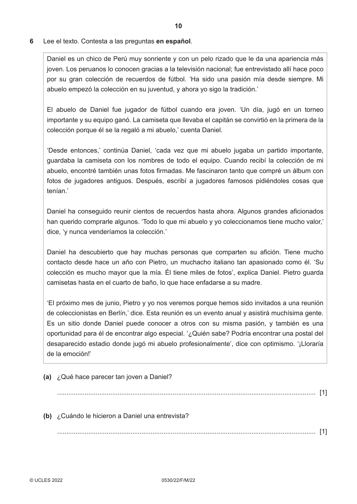 Cambridge IGCSE Spanish - Foreign Language 0530 2022 Feb/March Paper 2 · Variant 2 question paper, page 10 of 12