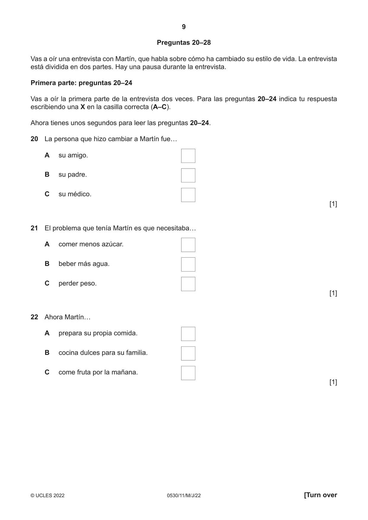 Cambridge IGCSE Spanish - Foreign Language 0530 2022 May/June Paper 1 · Variant 1 question paper, page 9 of 16