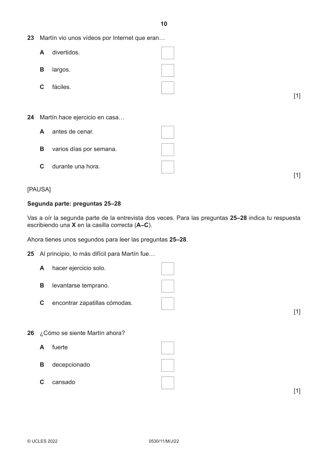 Cambridge IGCSE Spanish - Foreign Language 0530 2022 May/June Paper 1 · Variant 1 question paper, page 10 of 16