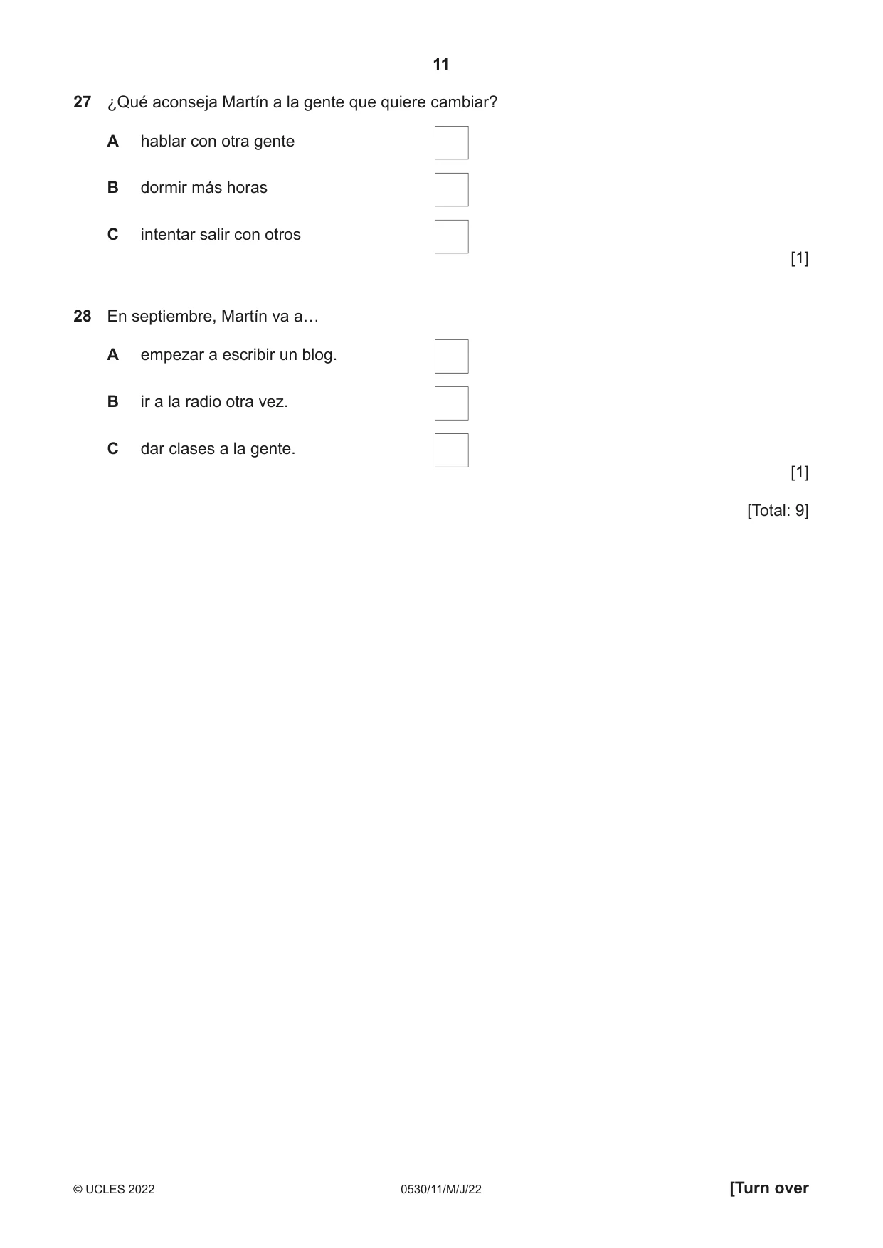 Cambridge IGCSE Spanish - Foreign Language 0530 2022 May/June Paper 1 · Variant 1 question paper, page 11 of 16