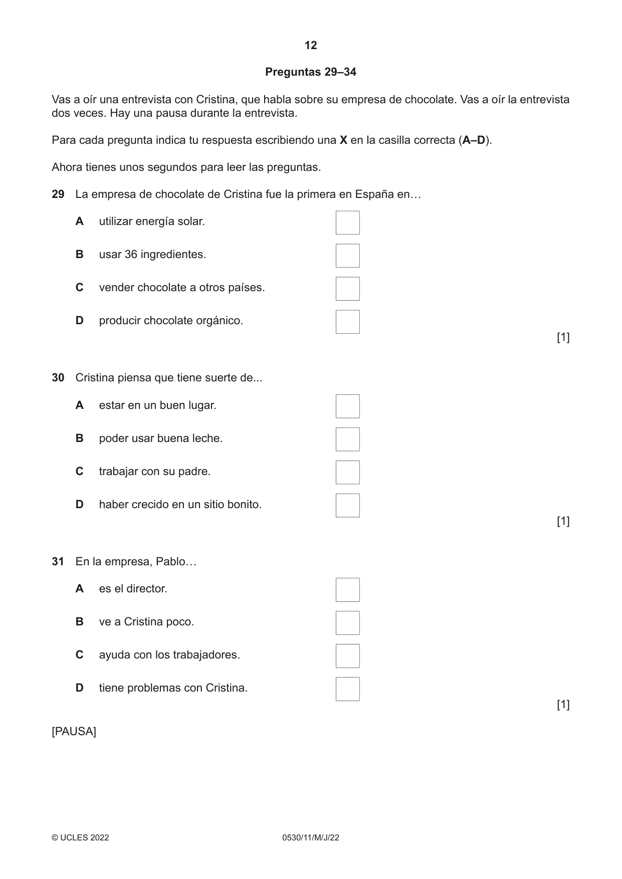 Cambridge IGCSE Spanish - Foreign Language 0530 2022 May/June Paper 1 · Variant 1 question paper, page 12 of 16