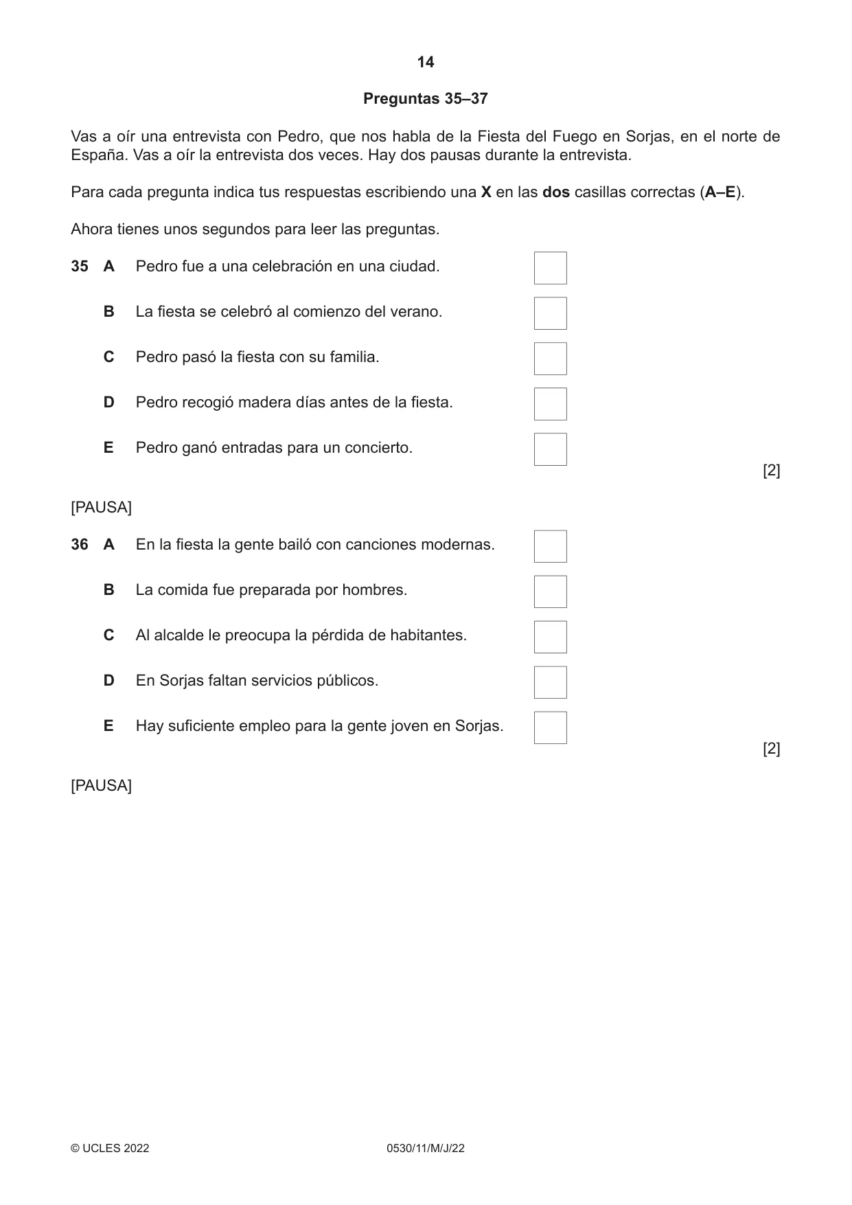 Cambridge IGCSE Spanish - Foreign Language 0530 2022 May/June Paper 1 · Variant 1 question paper, page 14 of 16
