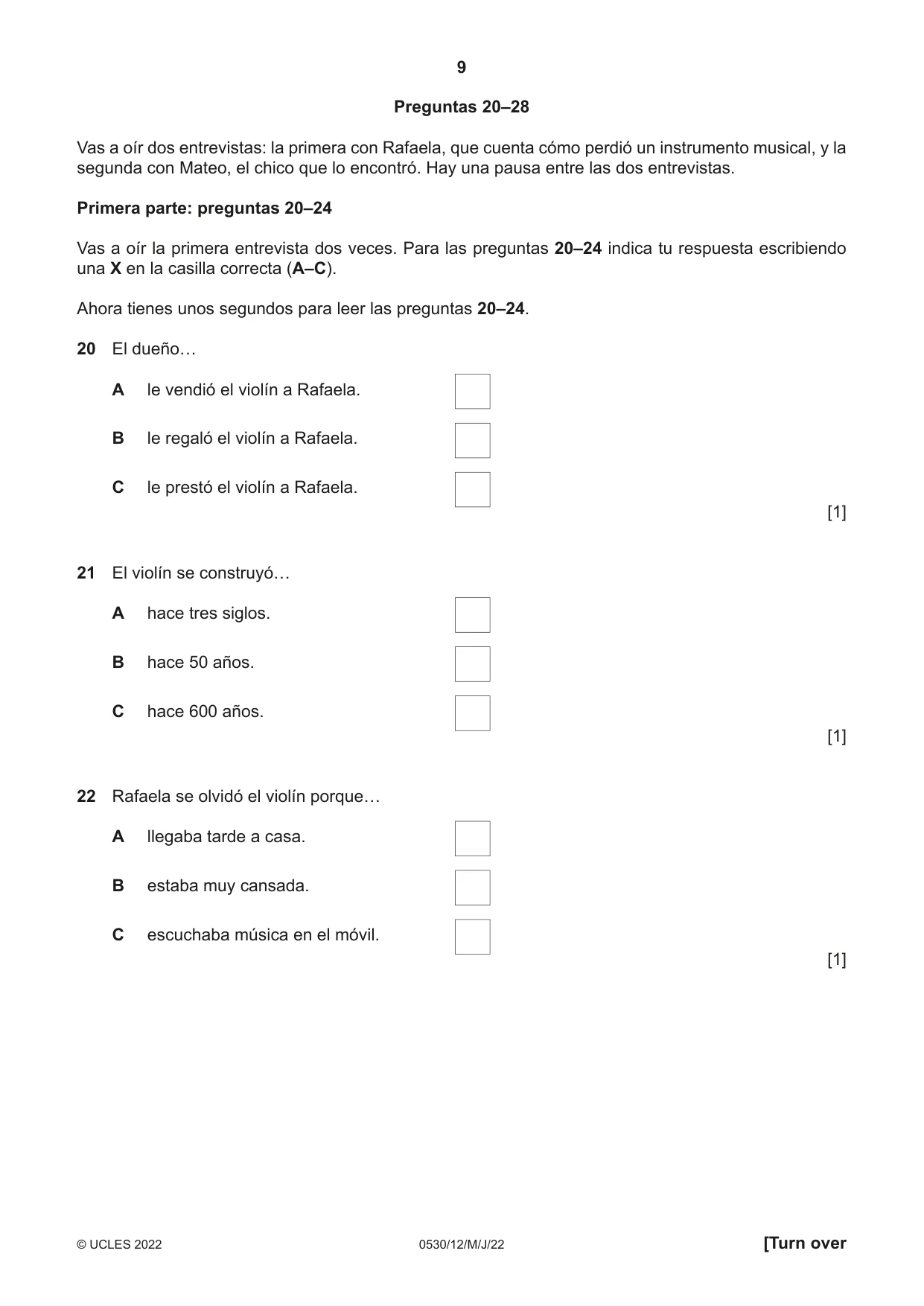 Cambridge IGCSE Spanish - Foreign Language 0530 2022 May/June Paper 1 · Variant 2 question paper, page 9 of 16