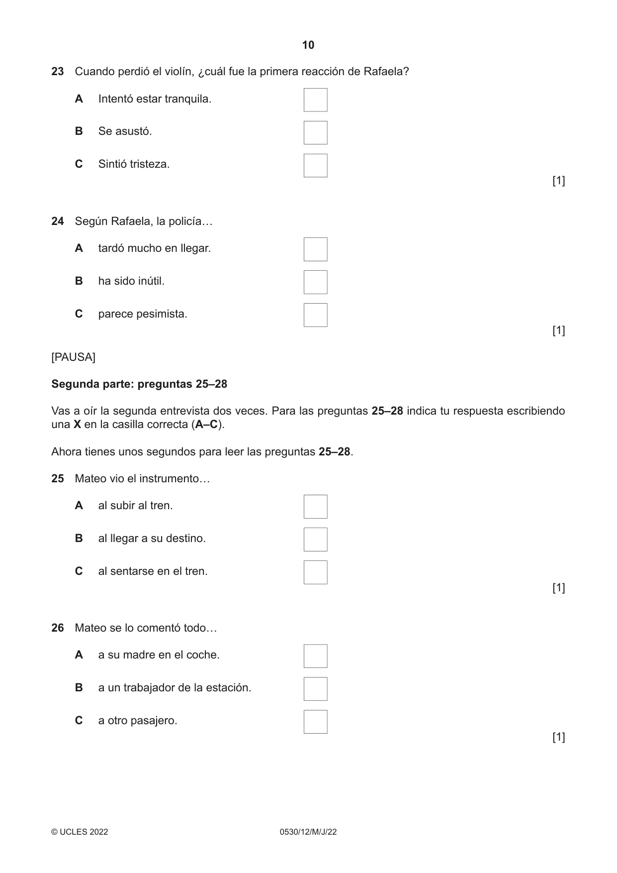Cambridge IGCSE Spanish - Foreign Language 0530 2022 May/June Paper 1 · Variant 2 question paper, page 10 of 16