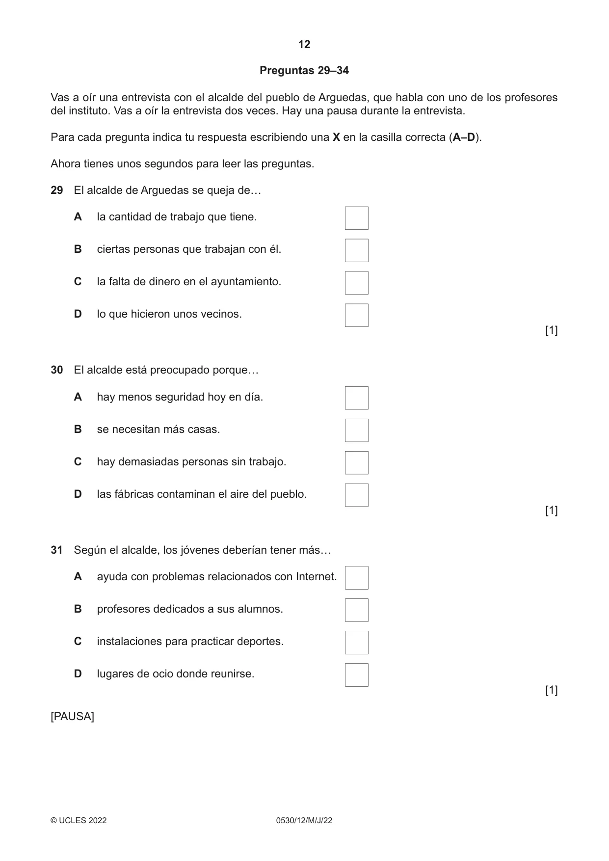 Cambridge IGCSE Spanish - Foreign Language 0530 2022 May/June Paper 1 · Variant 2 question paper, page 12 of 16