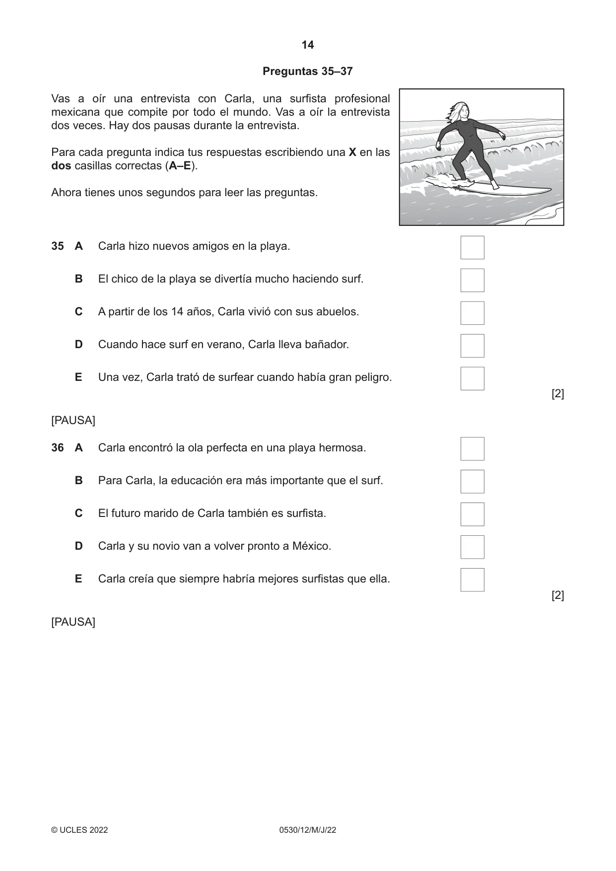 Cambridge IGCSE Spanish - Foreign Language 0530 2022 May/June Paper 1 · Variant 2 question paper, page 14 of 16