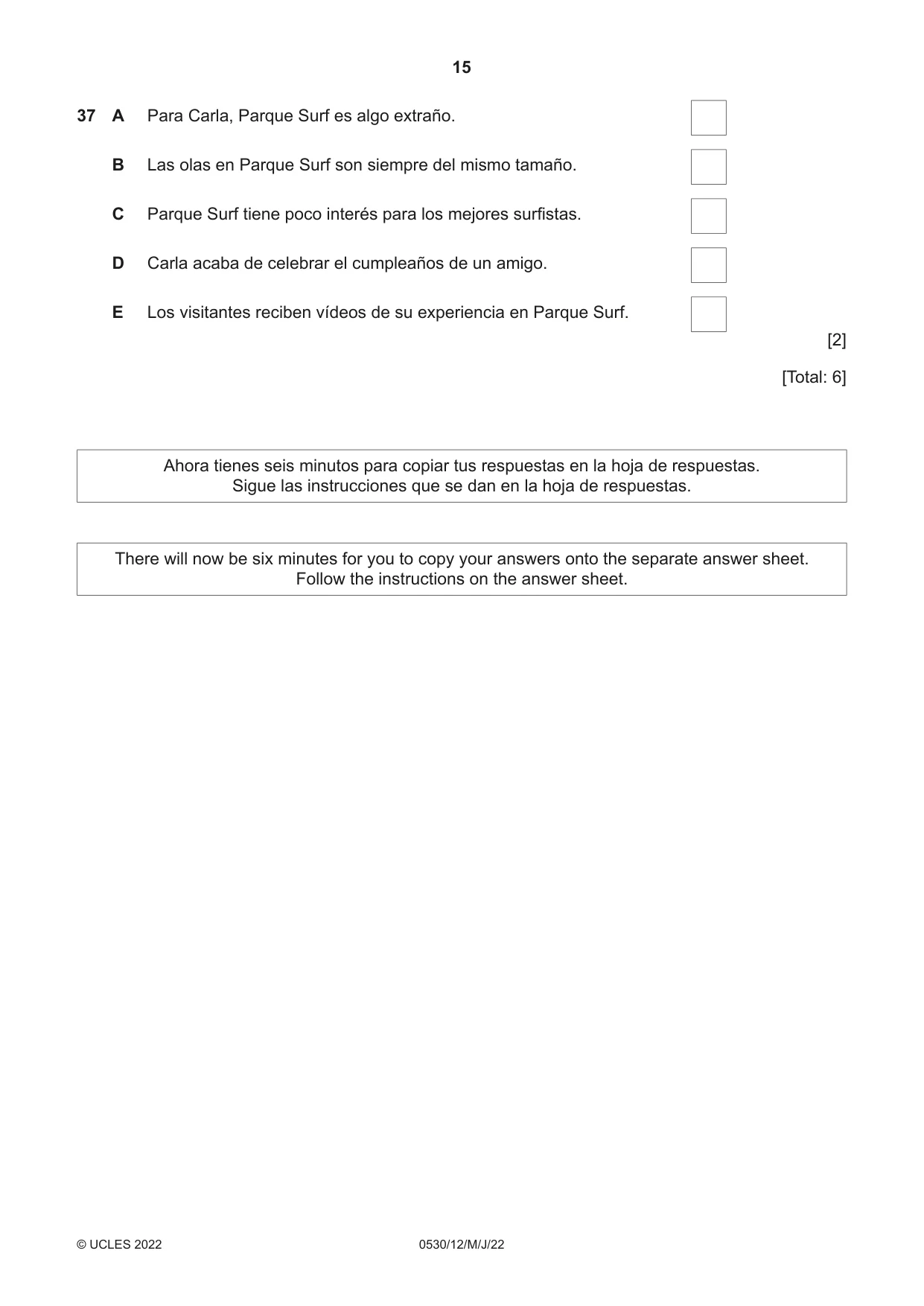 Cambridge IGCSE Spanish - Foreign Language 0530 2022 May/June Paper 1 · Variant 2 question paper, page 15 of 16