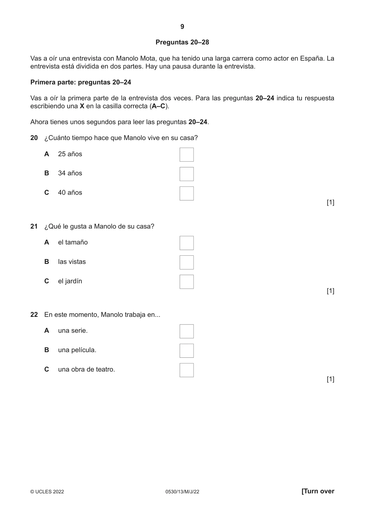 Cambridge IGCSE Spanish - Foreign Language 0530 2022 May/June Paper 1 · Variant 3 question paper, page 9 of 16