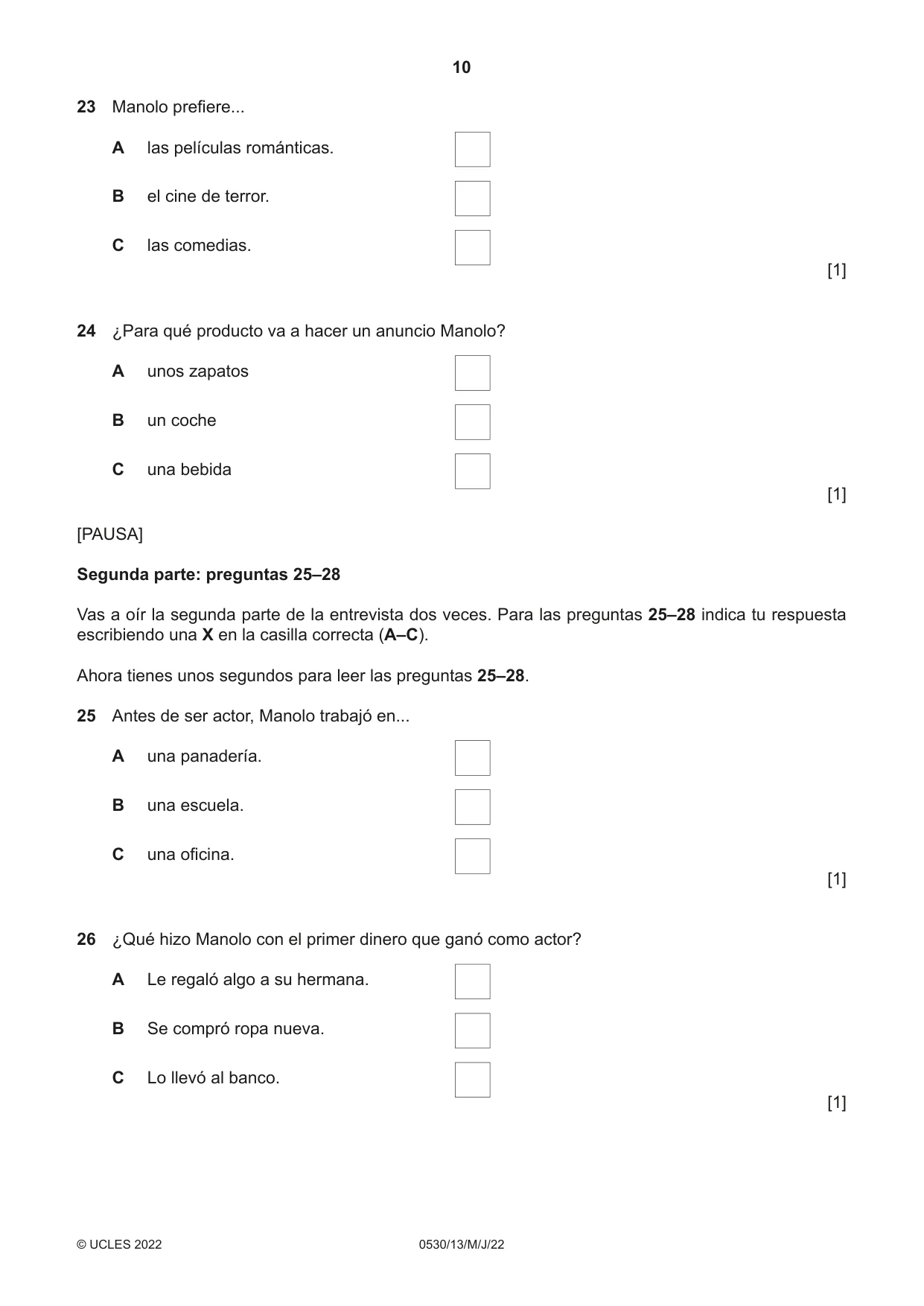 Cambridge IGCSE Spanish - Foreign Language 0530 2022 May/June Paper 1 · Variant 3 question paper, page 10 of 16
