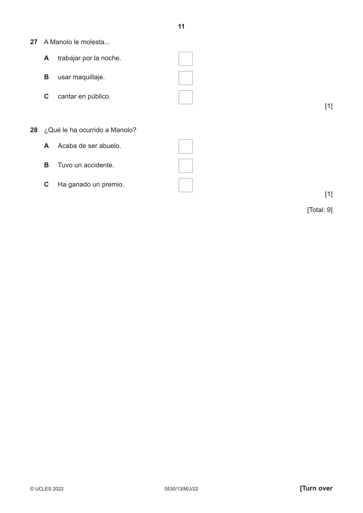 Cambridge IGCSE Spanish - Foreign Language 0530 2022 May/June Paper 1 · Variant 3 question paper, page 11 of 16
