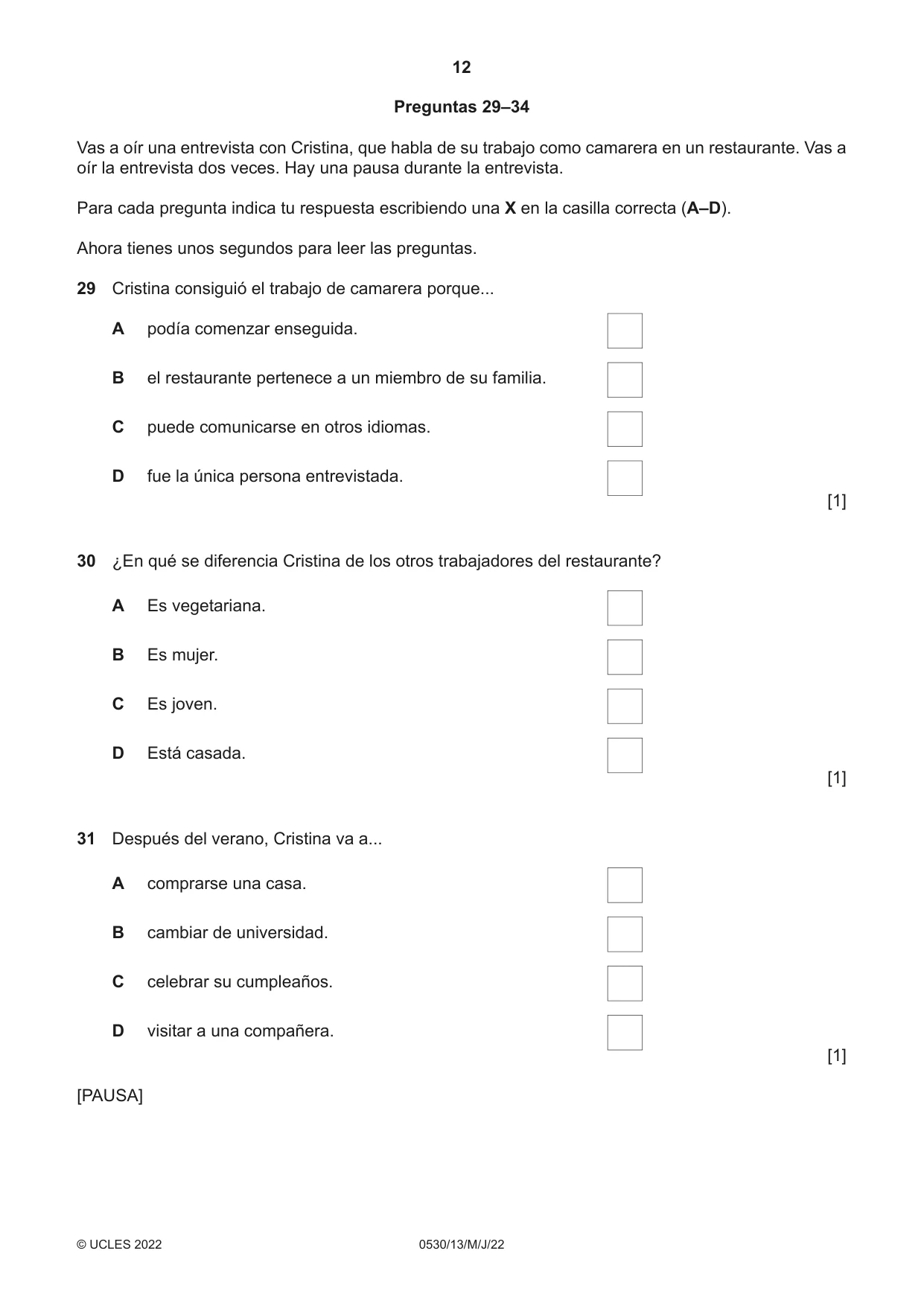 Cambridge IGCSE Spanish - Foreign Language 0530 2022 May/June Paper 1 · Variant 3 question paper, page 12 of 16