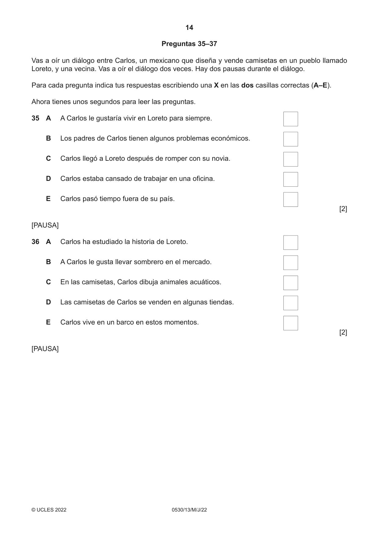 Cambridge IGCSE Spanish - Foreign Language 0530 2022 May/June Paper 1 · Variant 3 question paper, page 14 of 16