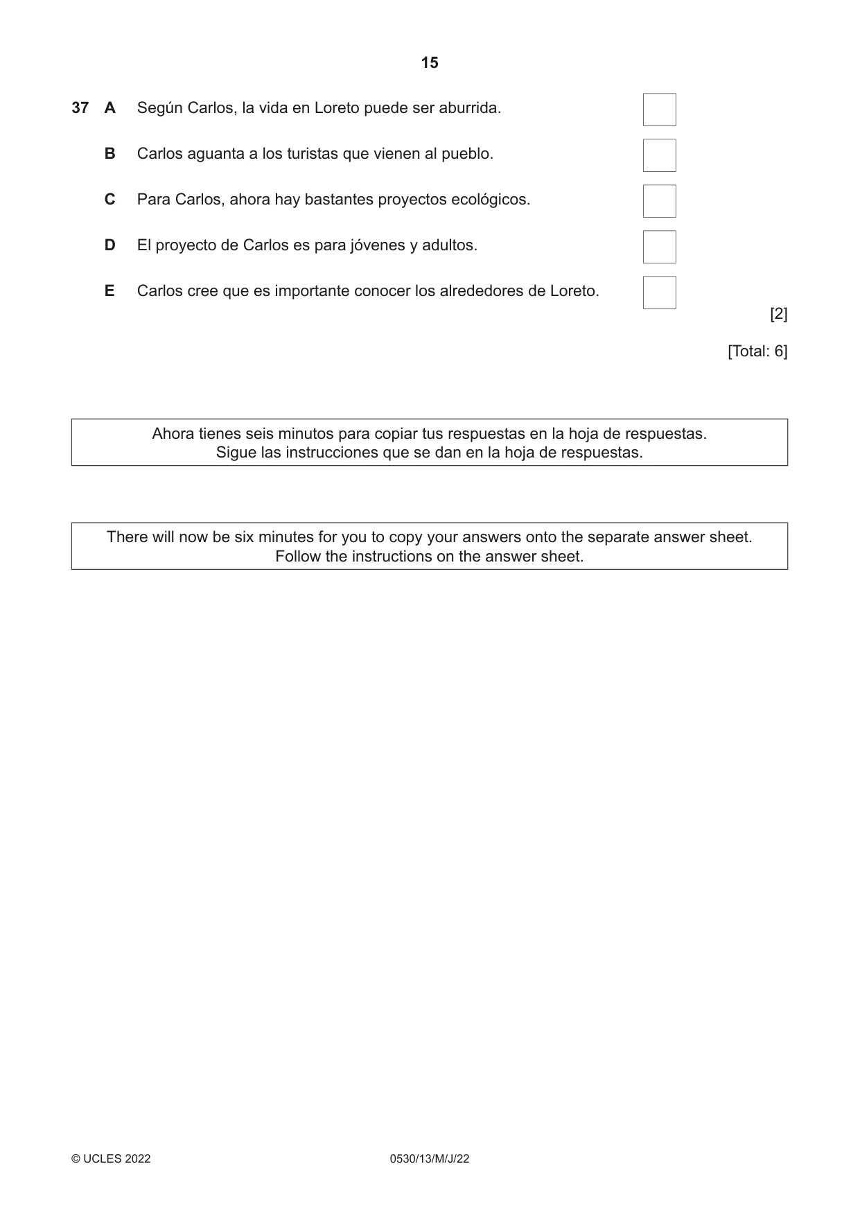 Cambridge IGCSE Spanish - Foreign Language 0530 2022 May/June Paper 1 · Variant 3 question paper, page 15 of 16