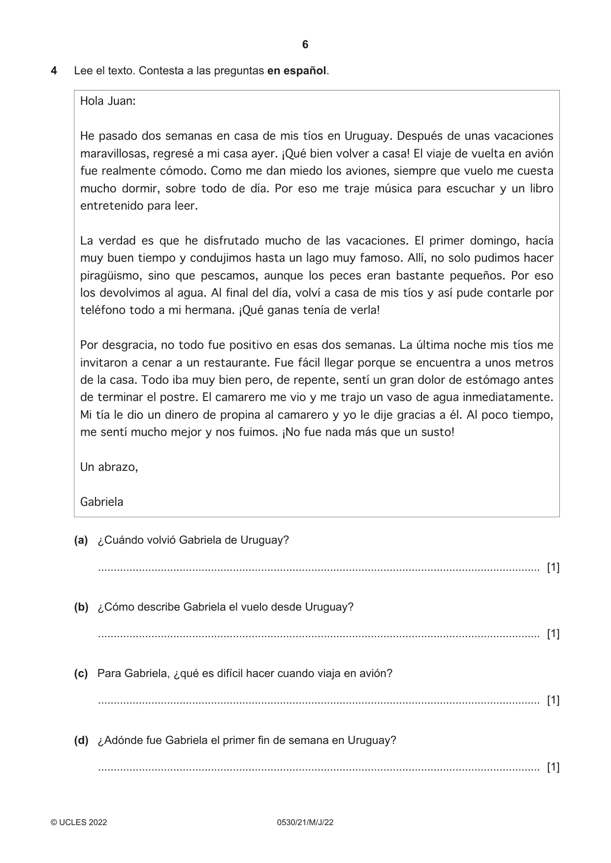Cambridge IGCSE Spanish - Foreign Language 0530 2022 May/June Paper 2 · Variant 1 question paper, page 6 of 12