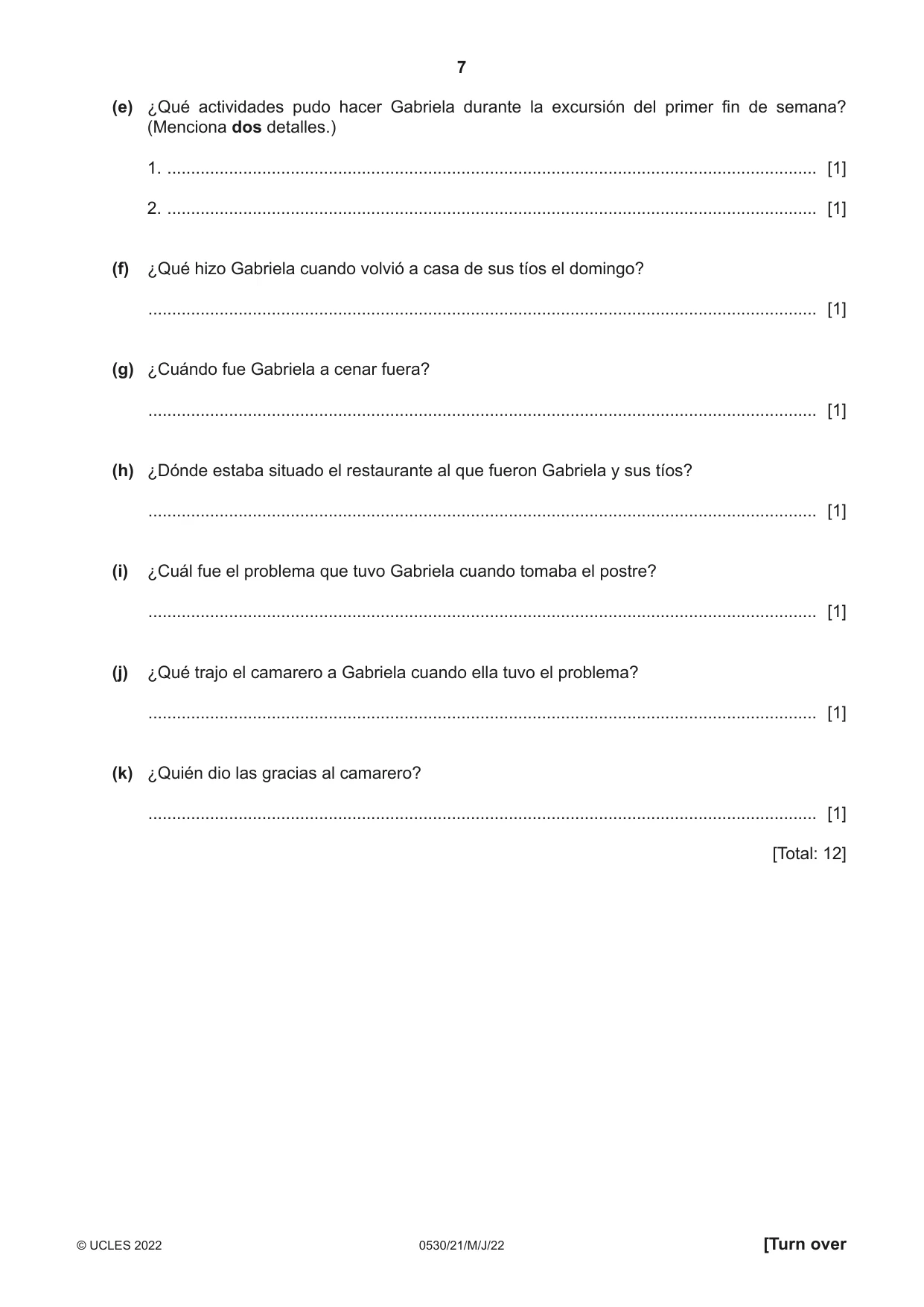 Cambridge IGCSE Spanish - Foreign Language 0530 2022 May/June Paper 2 · Variant 1 question paper, page 7 of 12